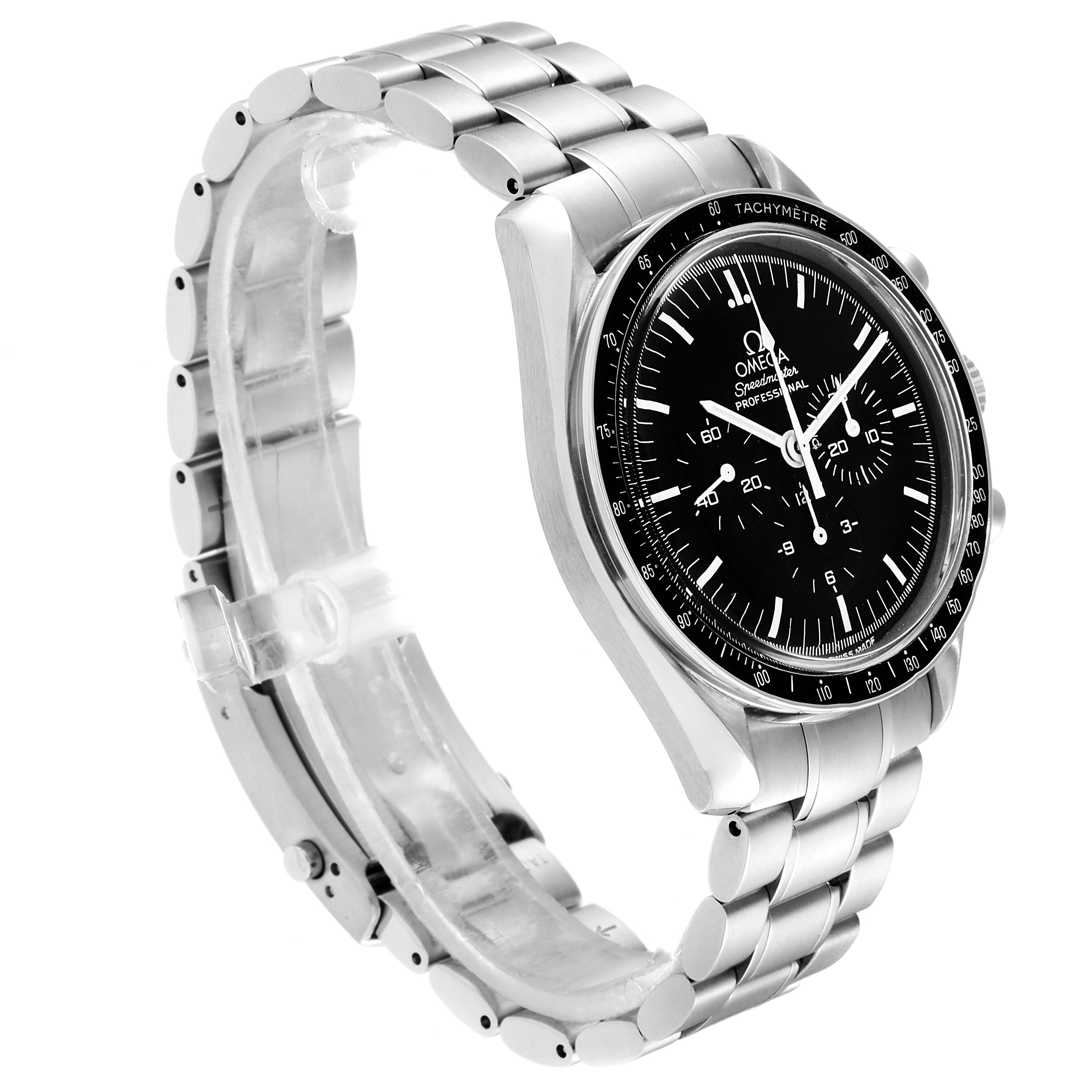 The Omega Speedmaster 3570.50.00 Men
s Stainless Steel Black Dial 3570.50.00 Men
s Stainless Steel Black Dial watch is shown from an angled side view, highlighting the bracelet and watch face.