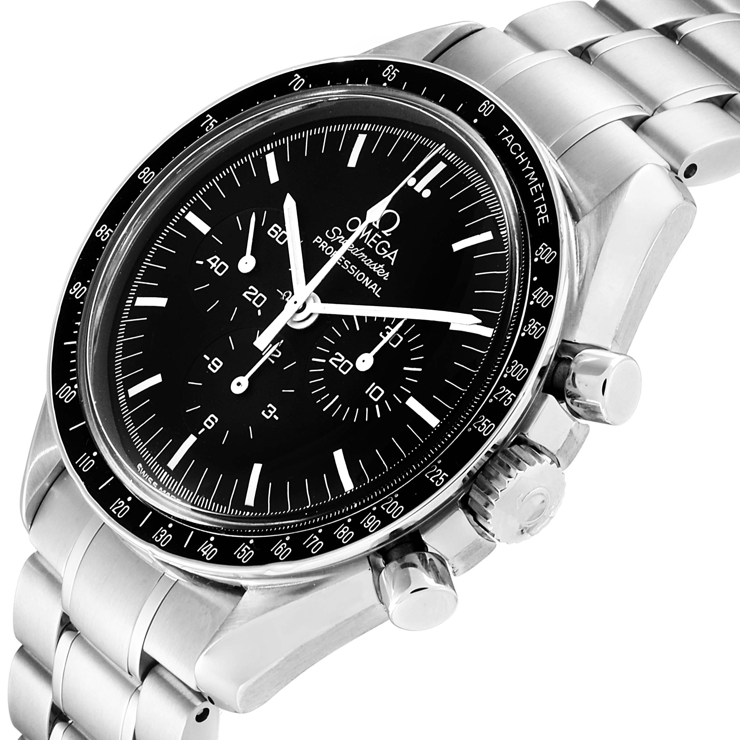 The image shows an angled view of the Omega Speedmaster 3570.50.00 Men
s Stainless Steel Black Dial 3570.50.00 Men
s Stainless Steel Black Dial watch, displaying its face, bezel, crown, and chronograph pushers.