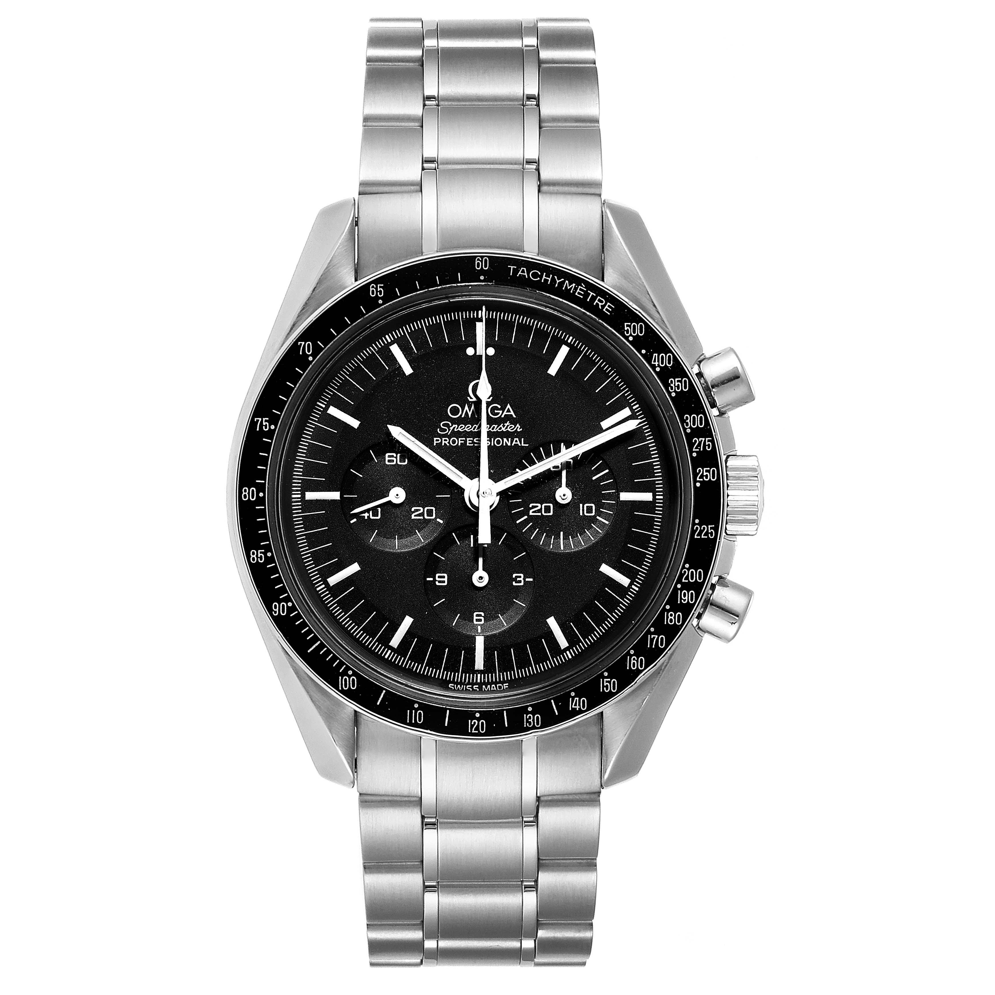 The Omega Speedmaster 3570.50.00 Men
s Stainless Steel Black Dial 3570.50.00 Men
s Stainless Steel Black Dial watch is shown from a front angle, displaying its face, bezel, and stainless steel bracelet.