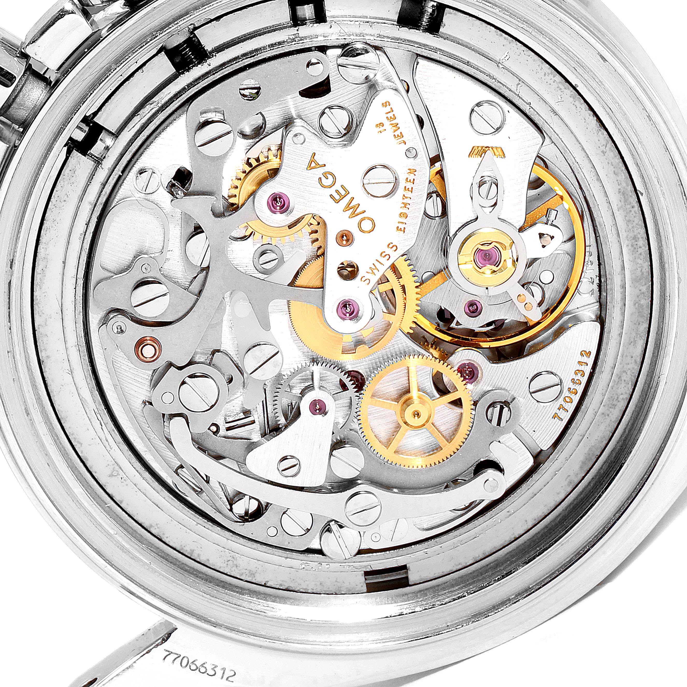 The image shows the intricate movement and internal mechanics of an Omega Speedmaster 3570.50.00 Men
s Stainless Steel Black Dial 3570.50.00 Men
s Stainless Steel Black Dial watch, viewed from the back.