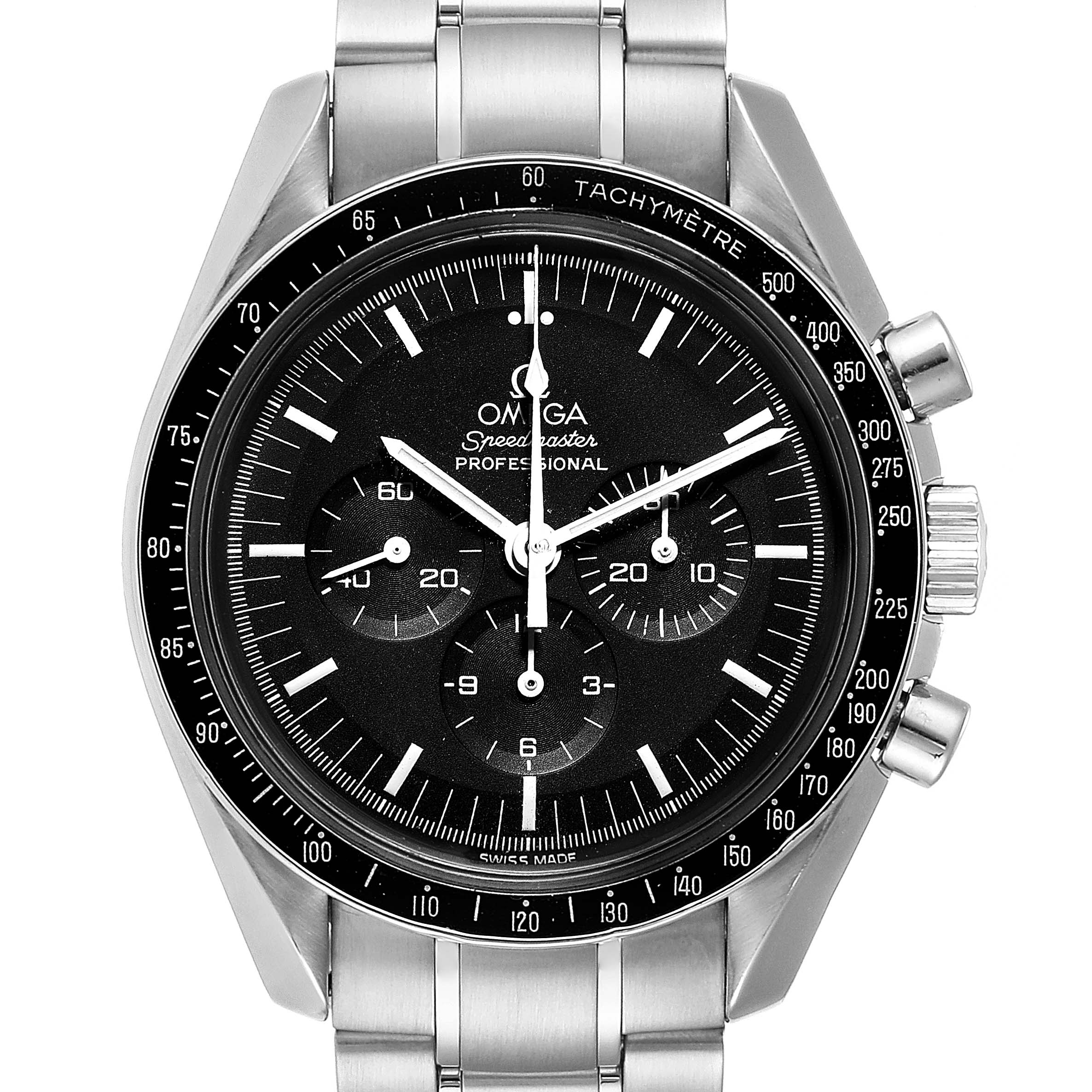 The Omega Speedmaster 3570.50.00 Men
s Stainless Steel Black Dial 3570.50.00 Men
s Stainless Steel Black Dial watch is shown from a front angle, highlighting the dial, tachymeter bezel, and metal bracelet.