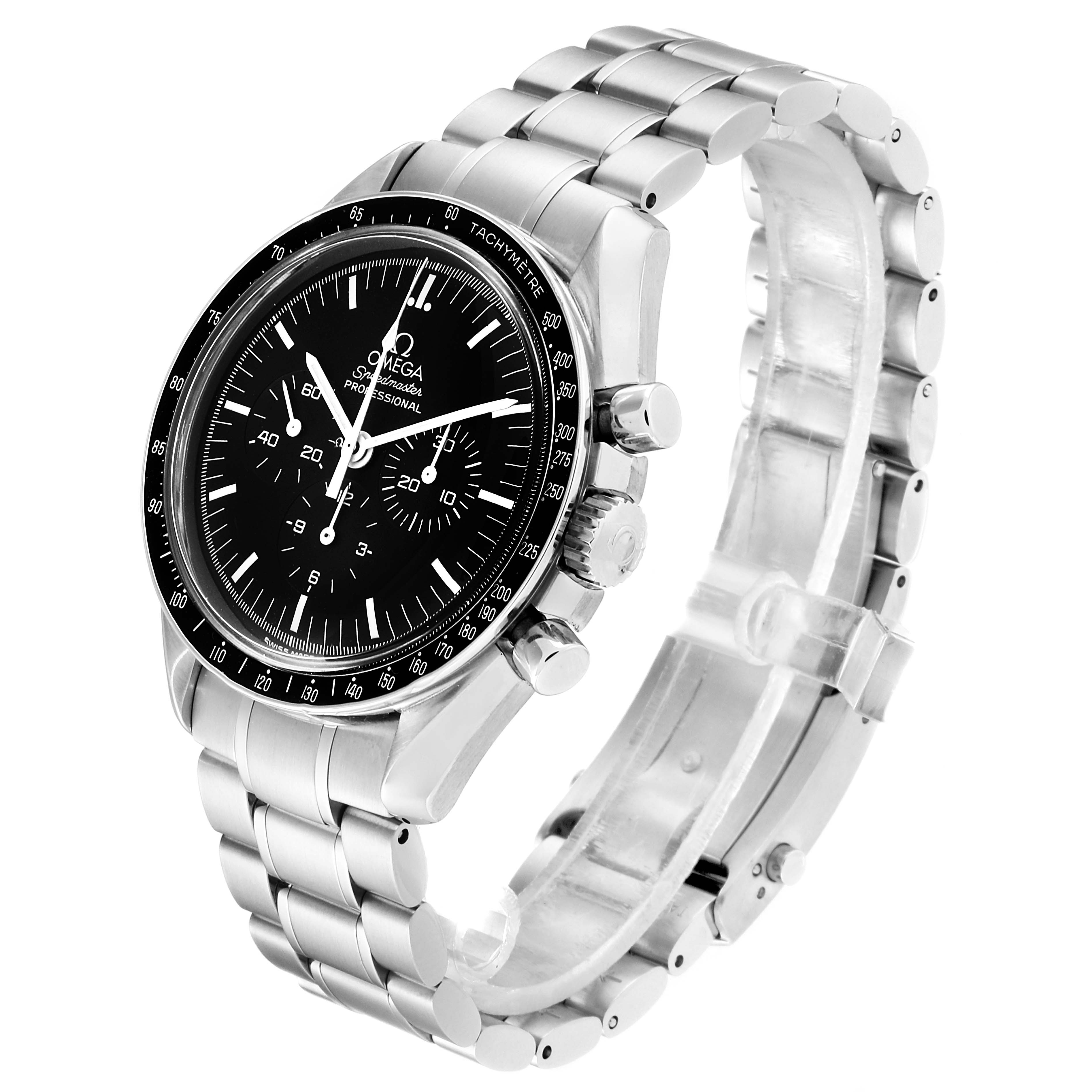 The Omega Speedmaster 3570.50.00 Men
s Stainless Steel Black Dial 3570.50.00 Men
s Stainless Steel Black Dial watch is shown at an angle highlighting the case, dial, subdials, bezel, and stainless steel bracelet.