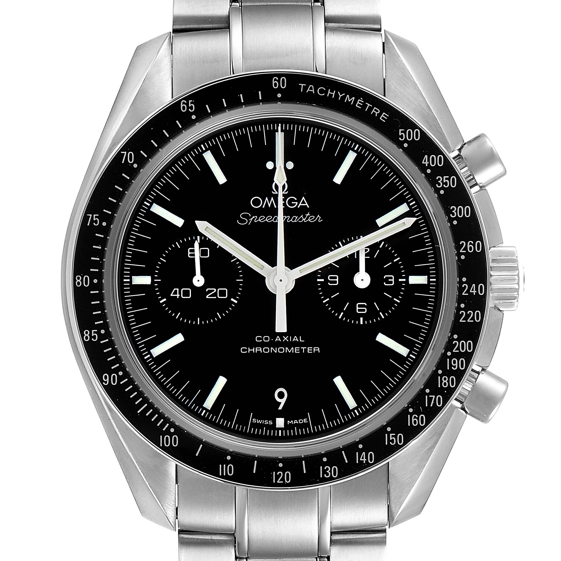 The Omega Speedmaster 311.30.44.51.01.002 Men
s Stainless Steel Black Dial 311.30.44.51.01.002 Men
s Stainless Steel Black Dial watch is shown from a front angle, displaying its face, bezel, crown, pushers, and stainless steel bracelet.