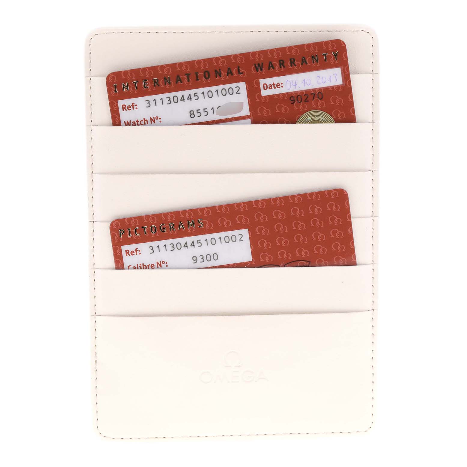 The image shows two Omega Speedmaster 311.30.44.51.01.002 Men
s Stainless Steel Black Dial 311.30.44.51.01.002 Men
s Stainless Steel Black Dial International Warranty and Pictograms cards in a white cardholder.