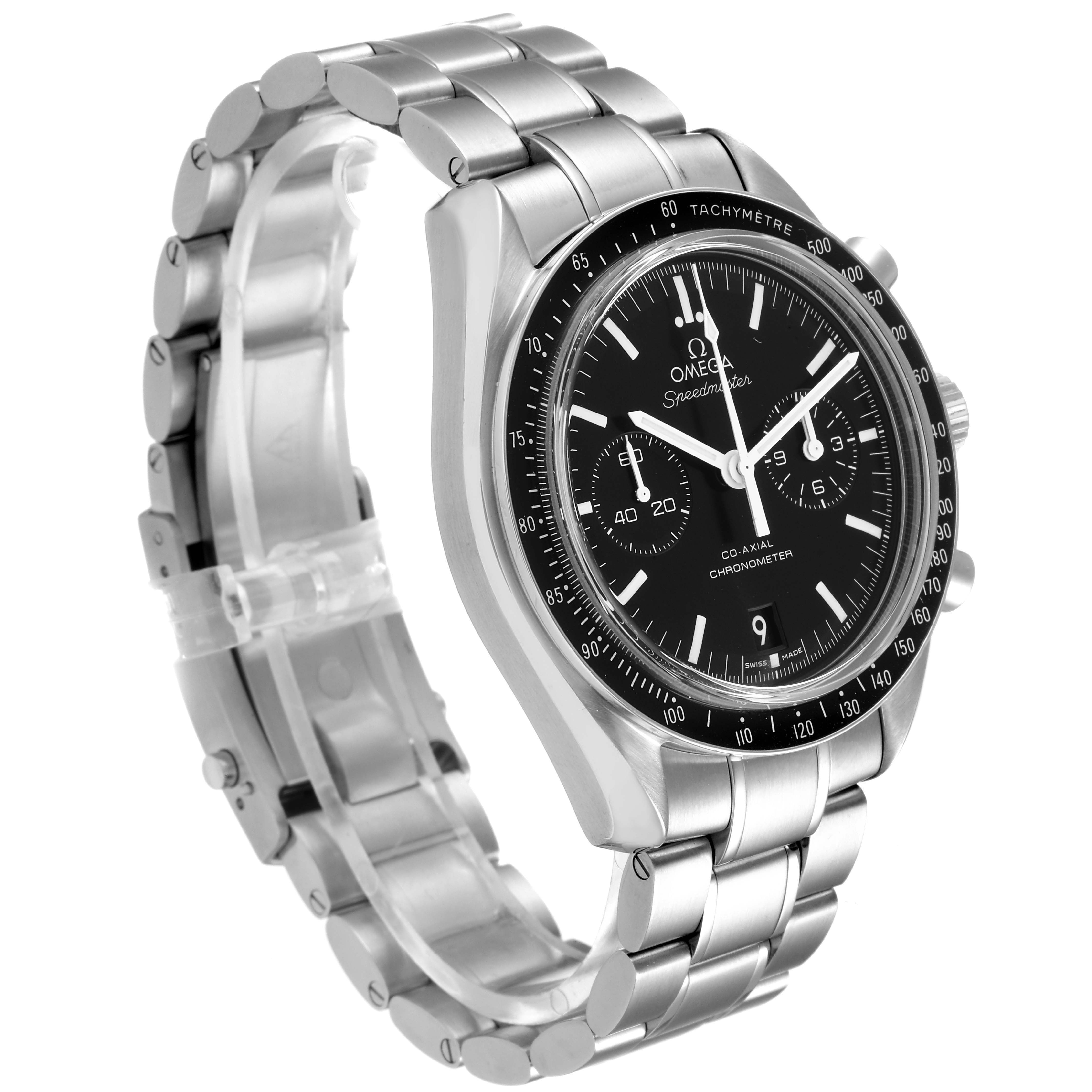 This image shows an Omega Speedmaster 311.30.44.51.01.002 Men
s Stainless Steel Black Dial 311.30.44.51.01.002 Men
s Stainless Steel Black Dial watch at a three-quarter angle, highlighting its face, chronograph, and stainless steel band.