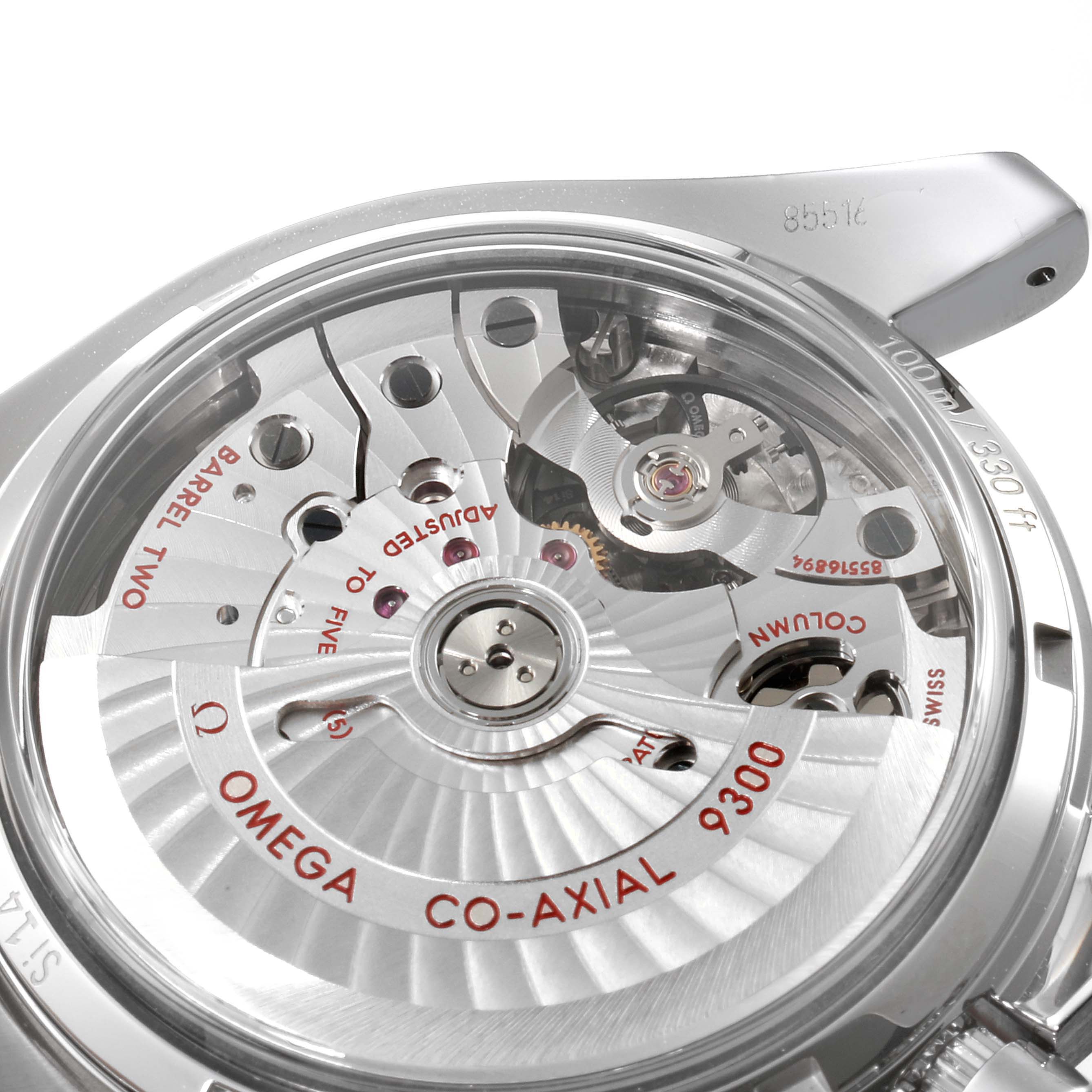 The image shows the back view of the Omega Speedmaster 311.30.44.51.01.002 Men
s Stainless Steel Black Dial 311.30.44.51.01.002 Men
s Stainless Steel Black Dial, revealing its Co-Axial 9300 movement.