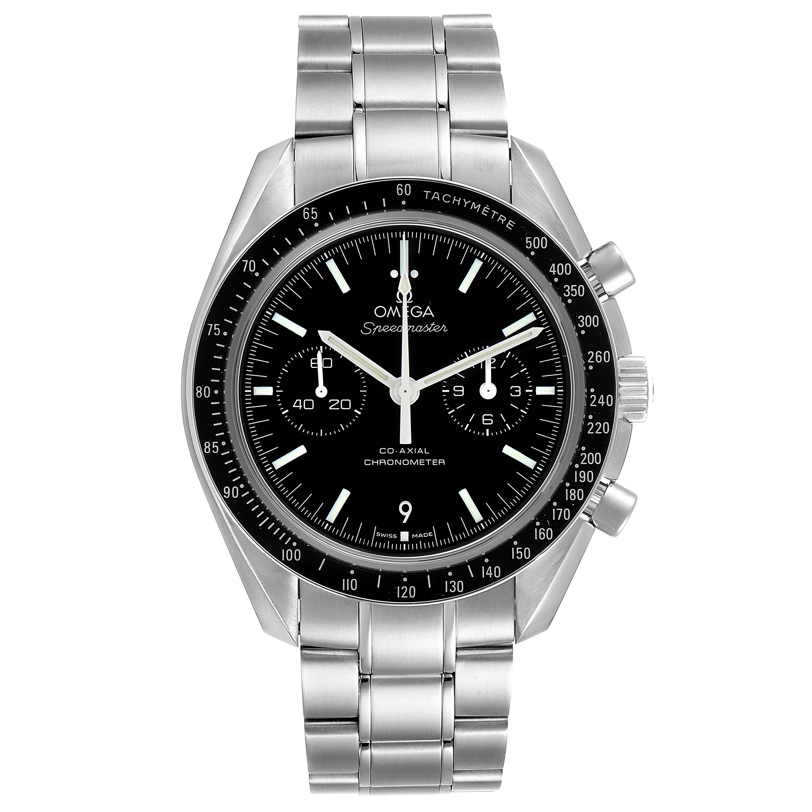 The image shows a front view of an Omega Speedmaster 311.30.44.51.01.002 Men
s Stainless Steel Black Dial 311.30.44.51.01.002 Men
s Stainless Steel Black Dial watch, displaying its dial, bezel, and stainless steel bracelet.
