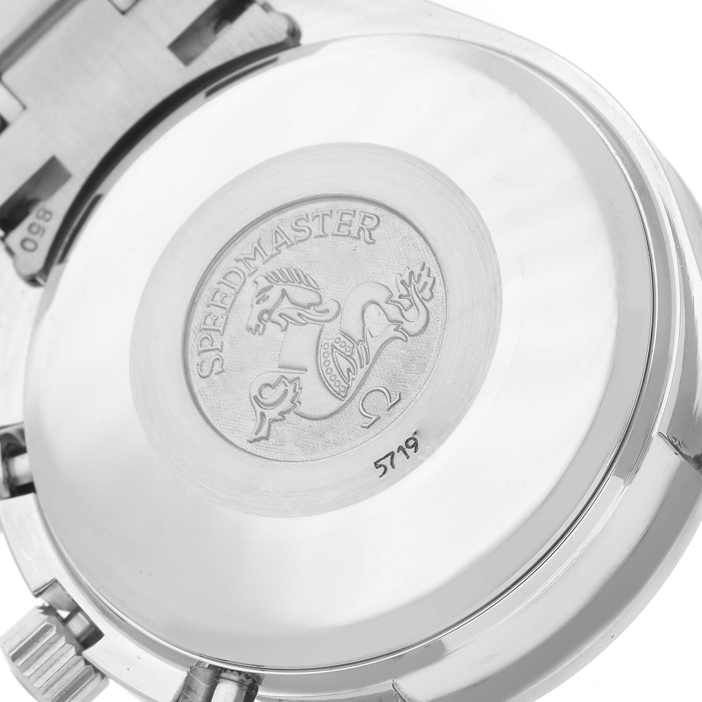 The image shows the case back of an Omega Speedmaster 3520.50.00 Men's Stainless Steel Black Dial 3520.50.00 Men's Stainless Steel Black Dial, highlighting the embossed logo and bracelet attachment.