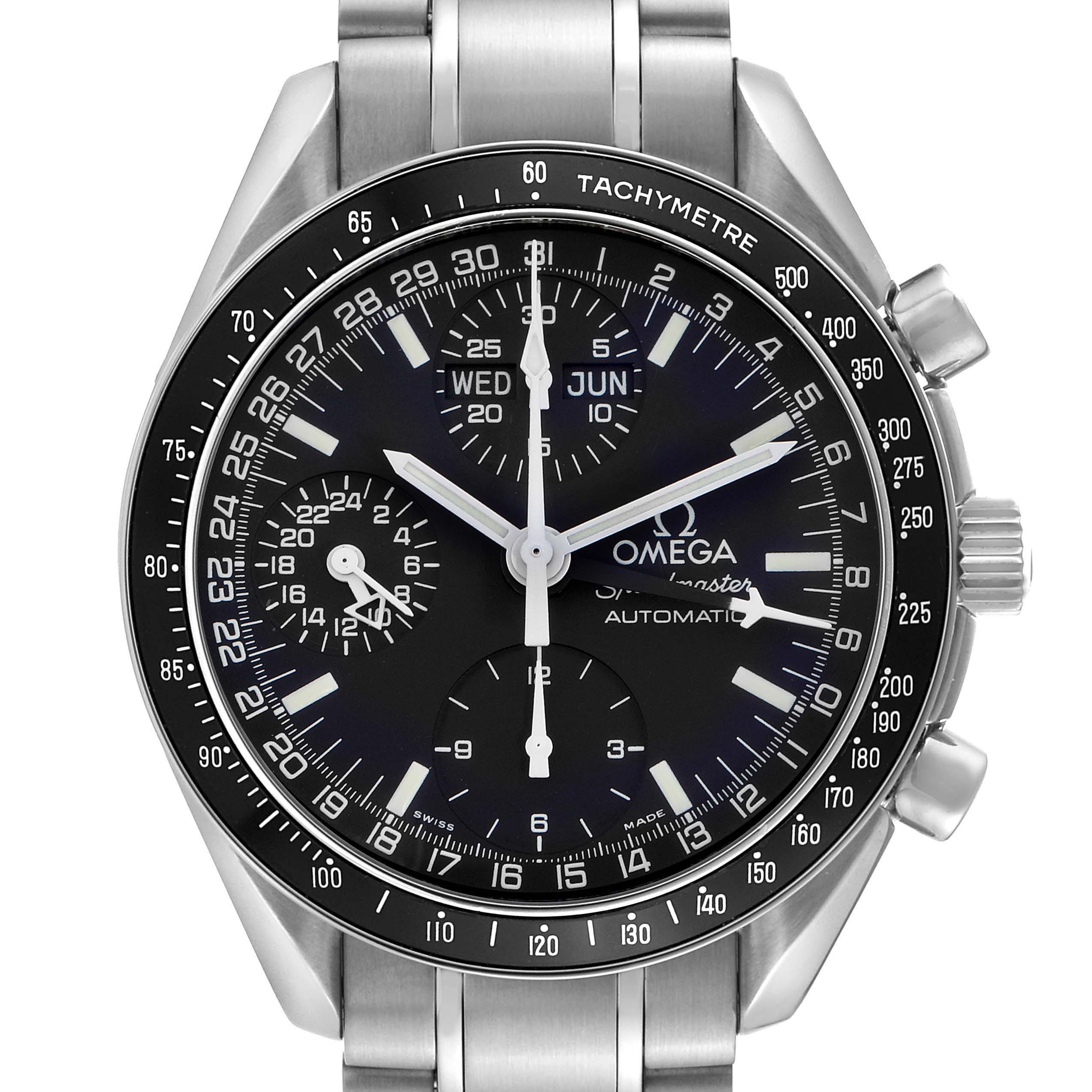 The Omega Speedmaster 3520.50.00 Men's Stainless Steel Black Dial 3520.50.00 Men's Stainless Steel Black Dial watch is shown from the front, highlighting its dial, subdials, bezel, and stainless steel bracelet.