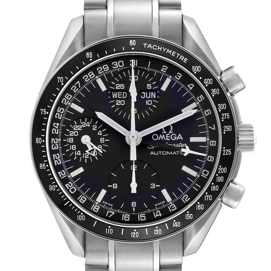 The Omega Speedmaster watch is shown from the front, highlighting its dial, subdials, bezel, and stainless steel bracelet.