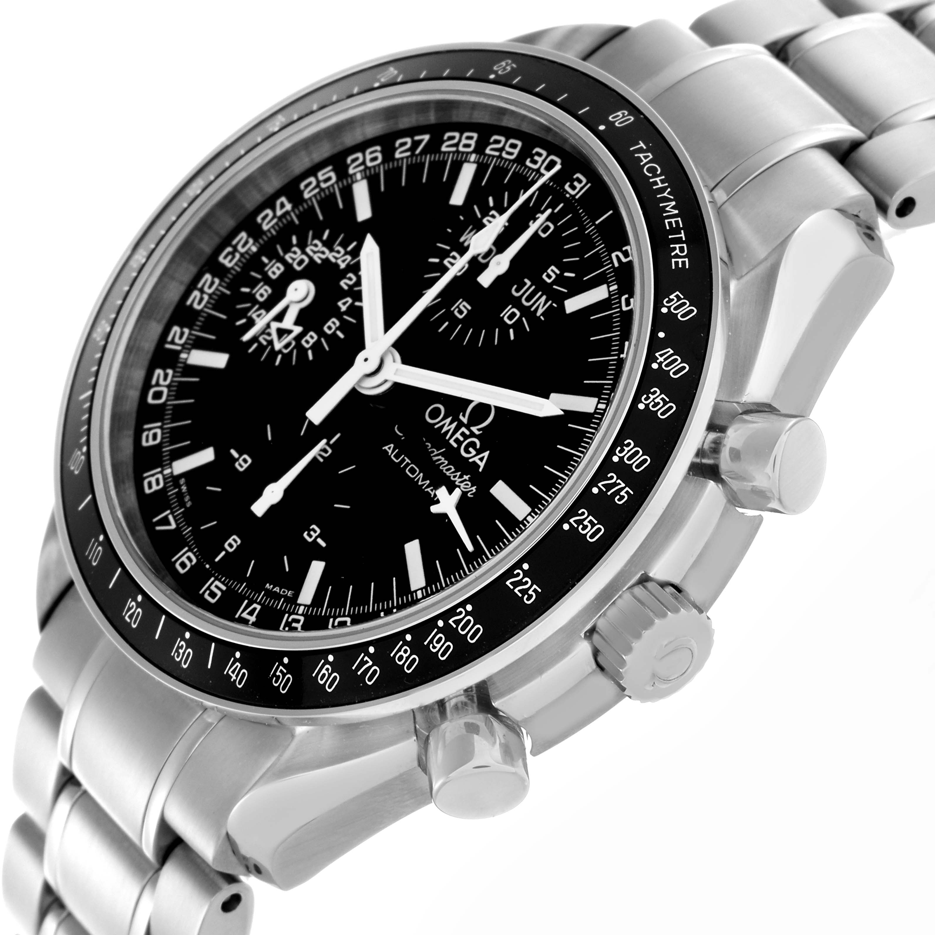The Omega Speedmaster 3520.50.00 Men's Stainless Steel Black Dial 3520.50.00 Men's Stainless Steel Black Dial watch is shown at a slight angle, highlighting the face, tachymeter bezel, crown, and chronograph pushers.