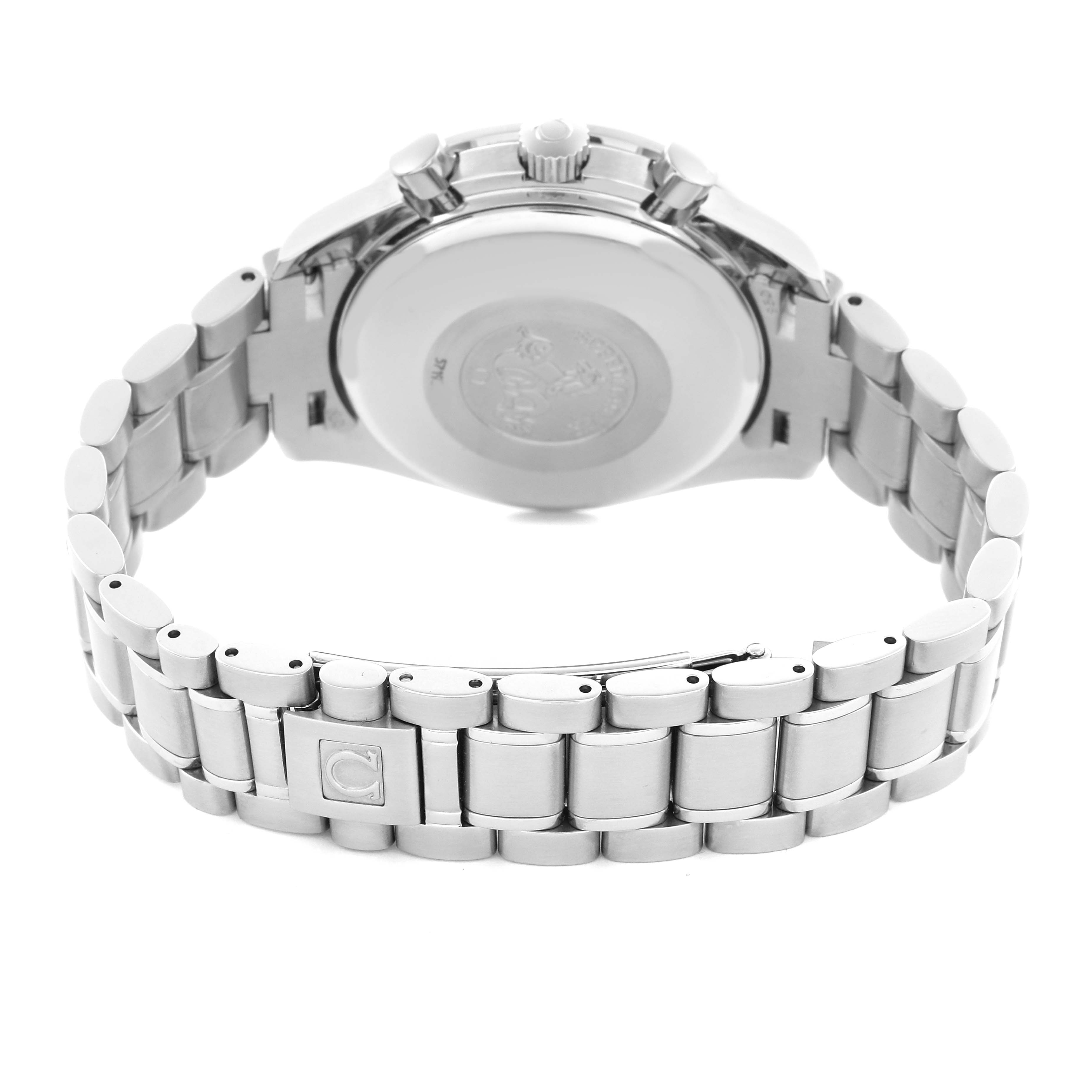 The Omega Speedmaster 3520.50.00 Men's Stainless Steel Black Dial 3520.50.00 Men's Stainless Steel Black Dial watch is shown from the back, featuring the case back, bracelet, and clasp.