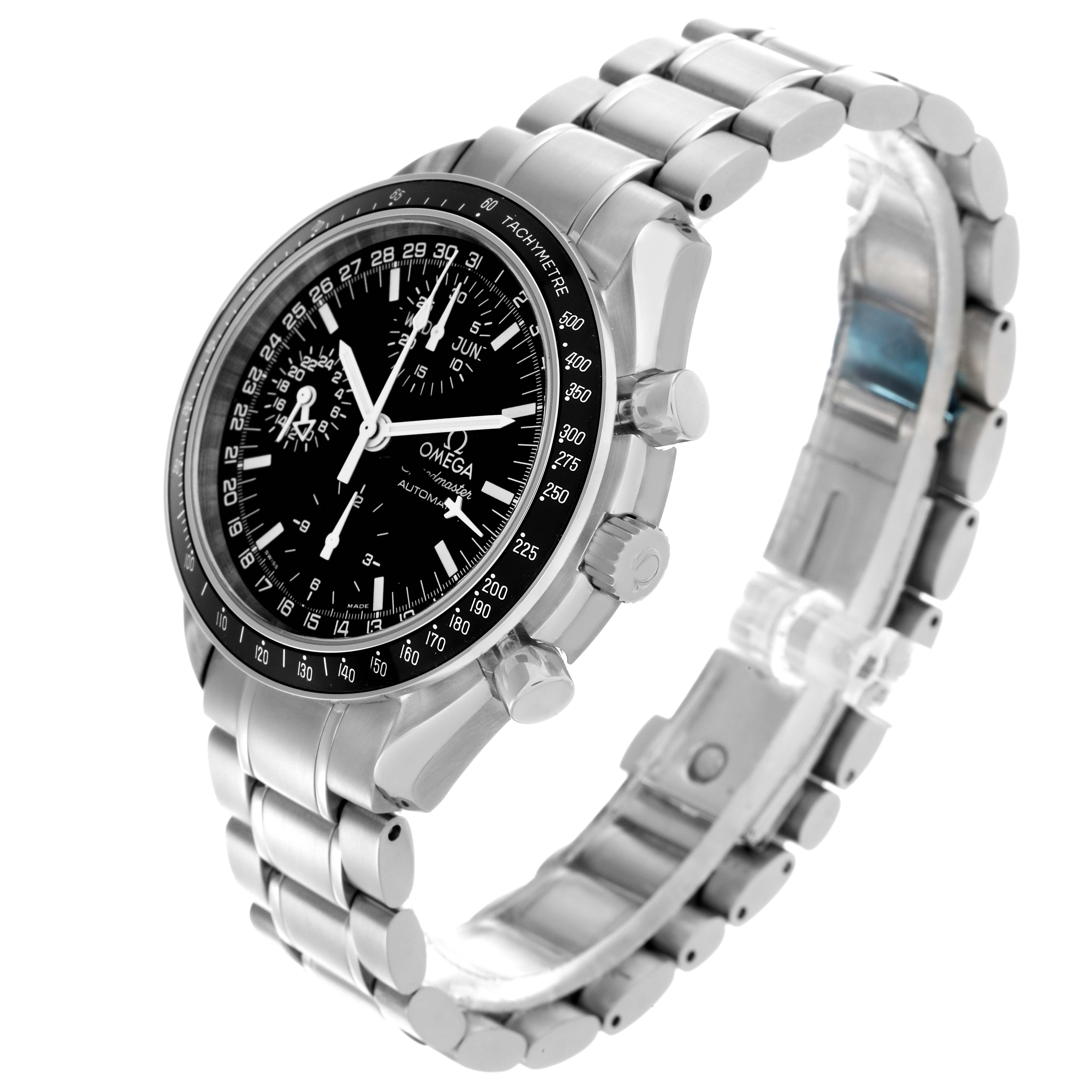 The Omega Speedmaster 3520.50.00 Men's Stainless Steel Black Dial 3520.50.00 Men's Stainless Steel Black Dial watch is shown at a three-quarter angle, highlighting the dial, bezel, crown, and bracelet.