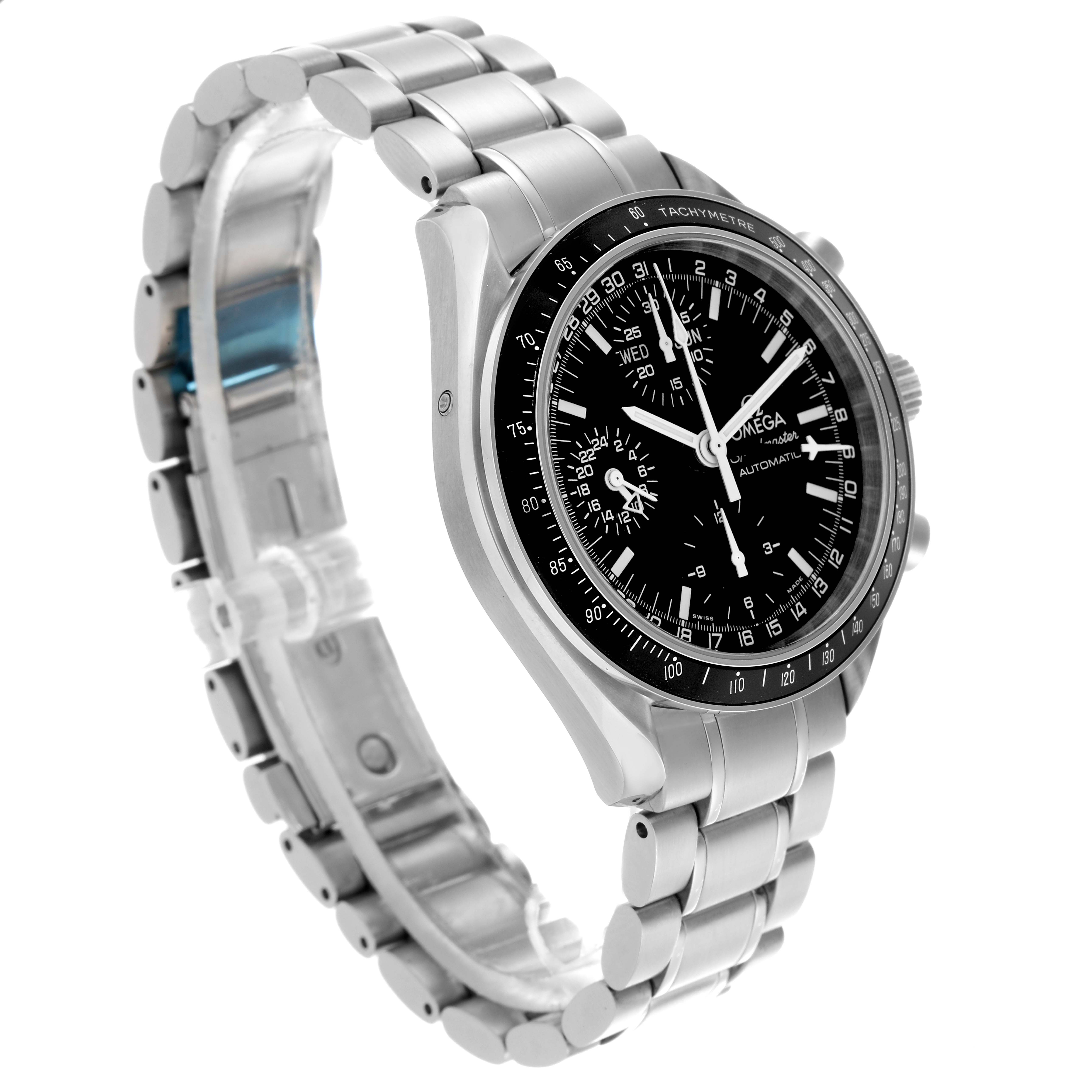 The Omega Speedmaster 3520.50.00 Men's Stainless Steel Black Dial 3520.50.00 Men's Stainless Steel Black Dial watch is shown at a three-quarter angle, highlighting the face, bezel, and stainless steel bracelet.