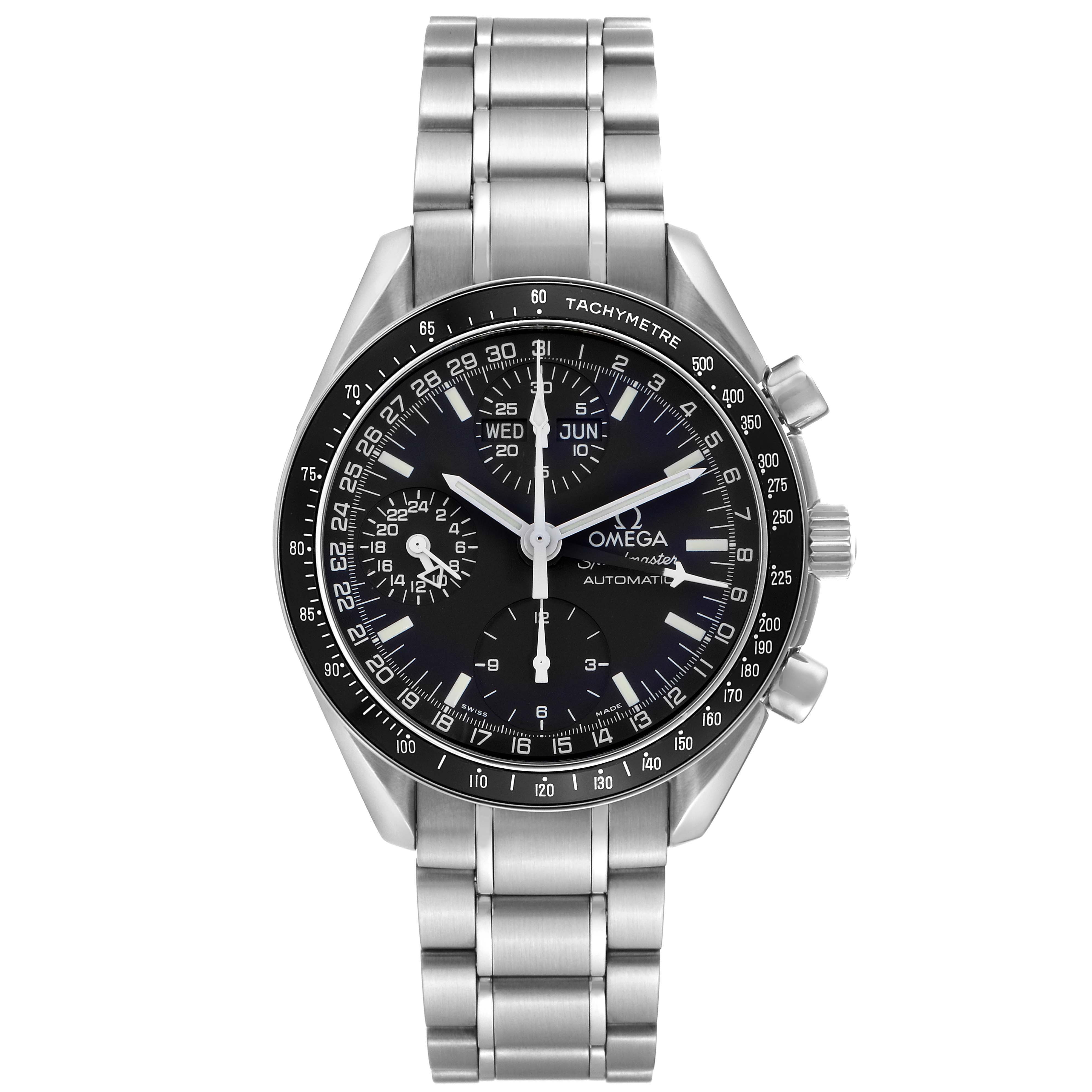 The Omega Speedmaster 3520.50.00 Men's Stainless Steel Black Dial 3520.50.00 Men's Stainless Steel Black Dial watch is shown from the front, displaying the dial, tachymeter bezel, pushers, and bracelet.