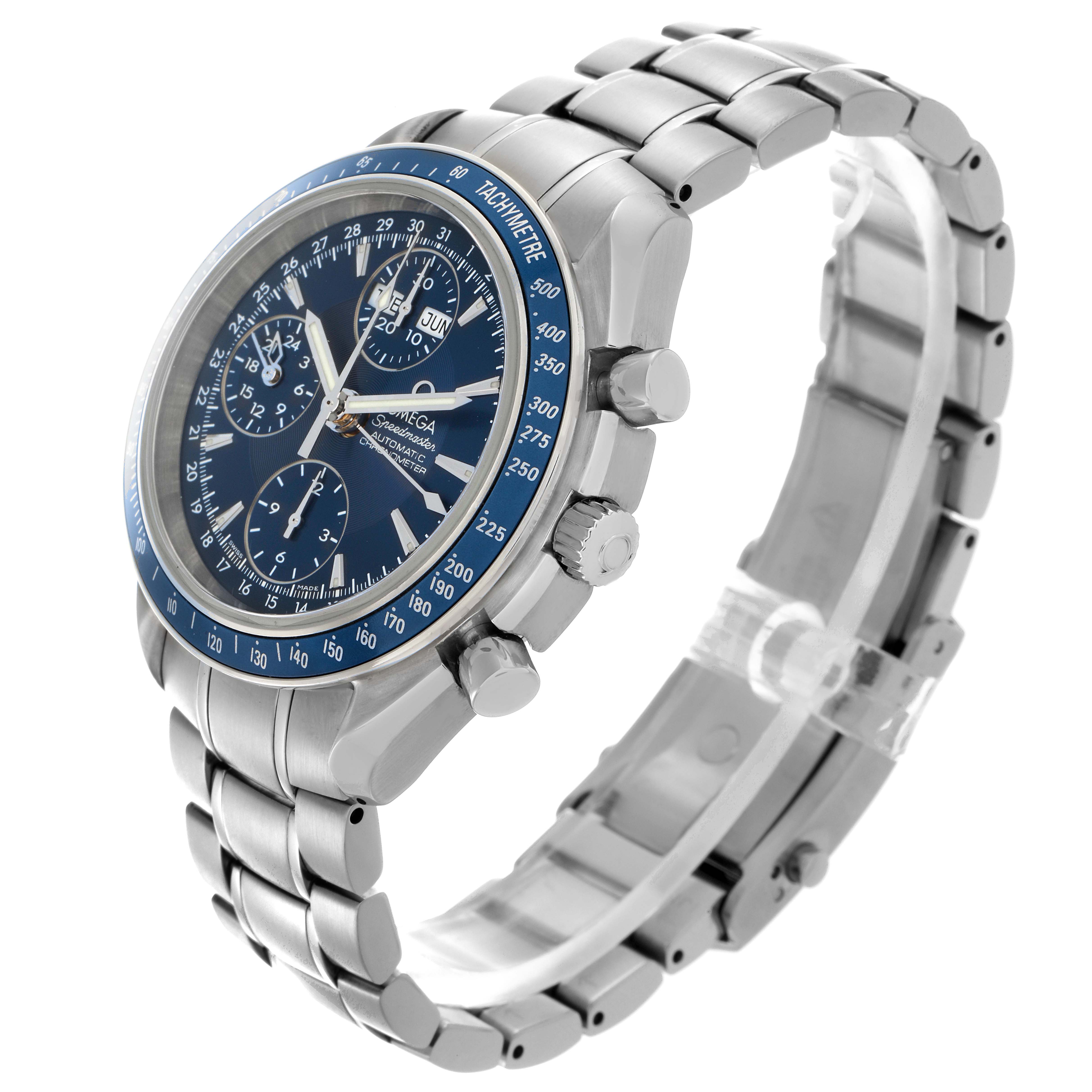The Omega Speedmaster 3222.80.00 Men's Stainless Steel Blue Dial 3222.80.00 Men's Stainless Steel Blue Dial watch is shown at an angled side view, displaying the dial, bezel, crown, pushers, and stainless steel bracelet.