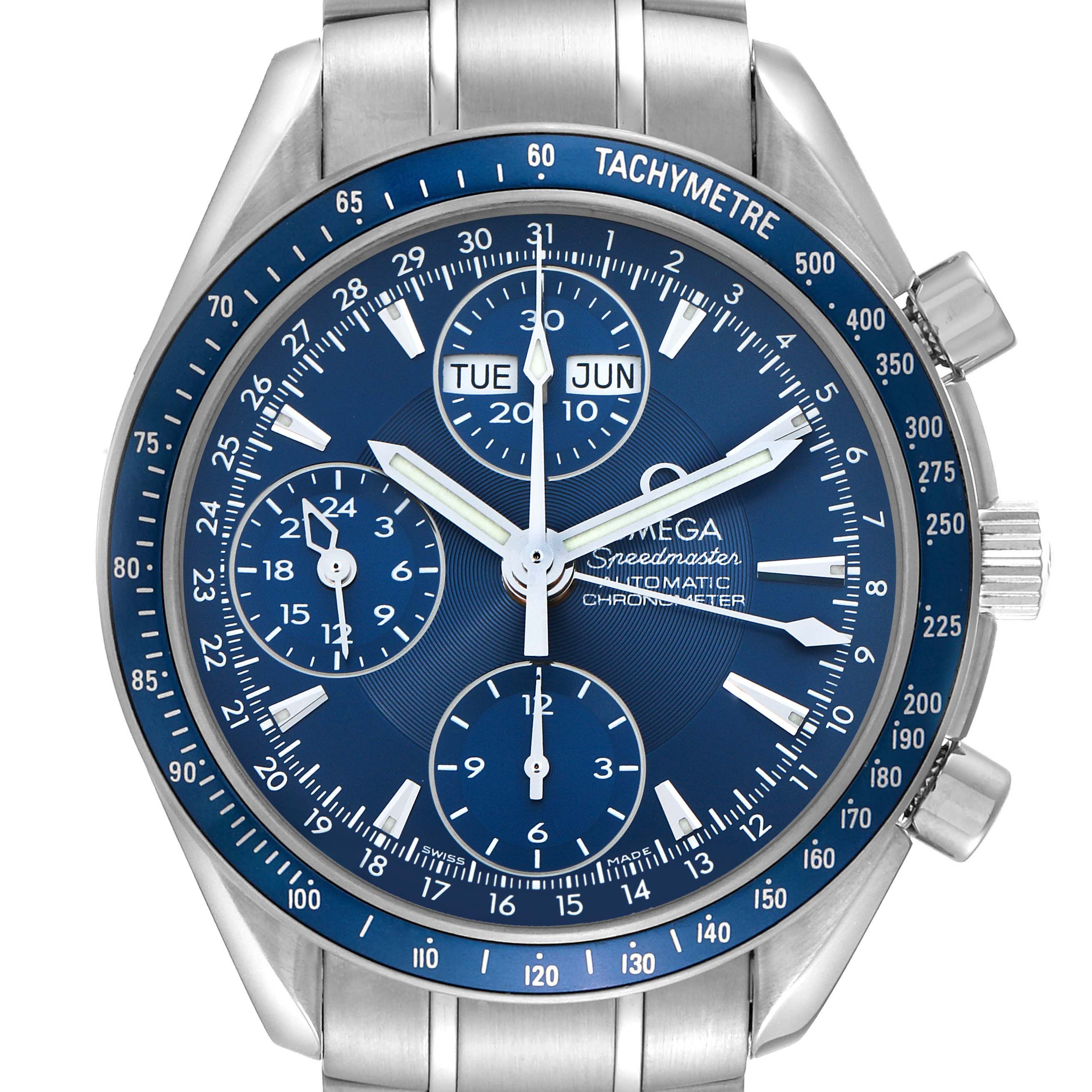The Omega Speedmaster 3222.80.00 Men's Stainless Steel Blue Dial 3222.80.00 Men's Stainless Steel Blue Dial is shown from a top view, highlighting the dial with three subdials, day-date display, and tachymeter bezel.