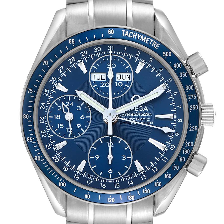 The Omega Speedmaster is shown from a top view, highlighting the dial with three subdials, day-date display, and tachymeter bezel.