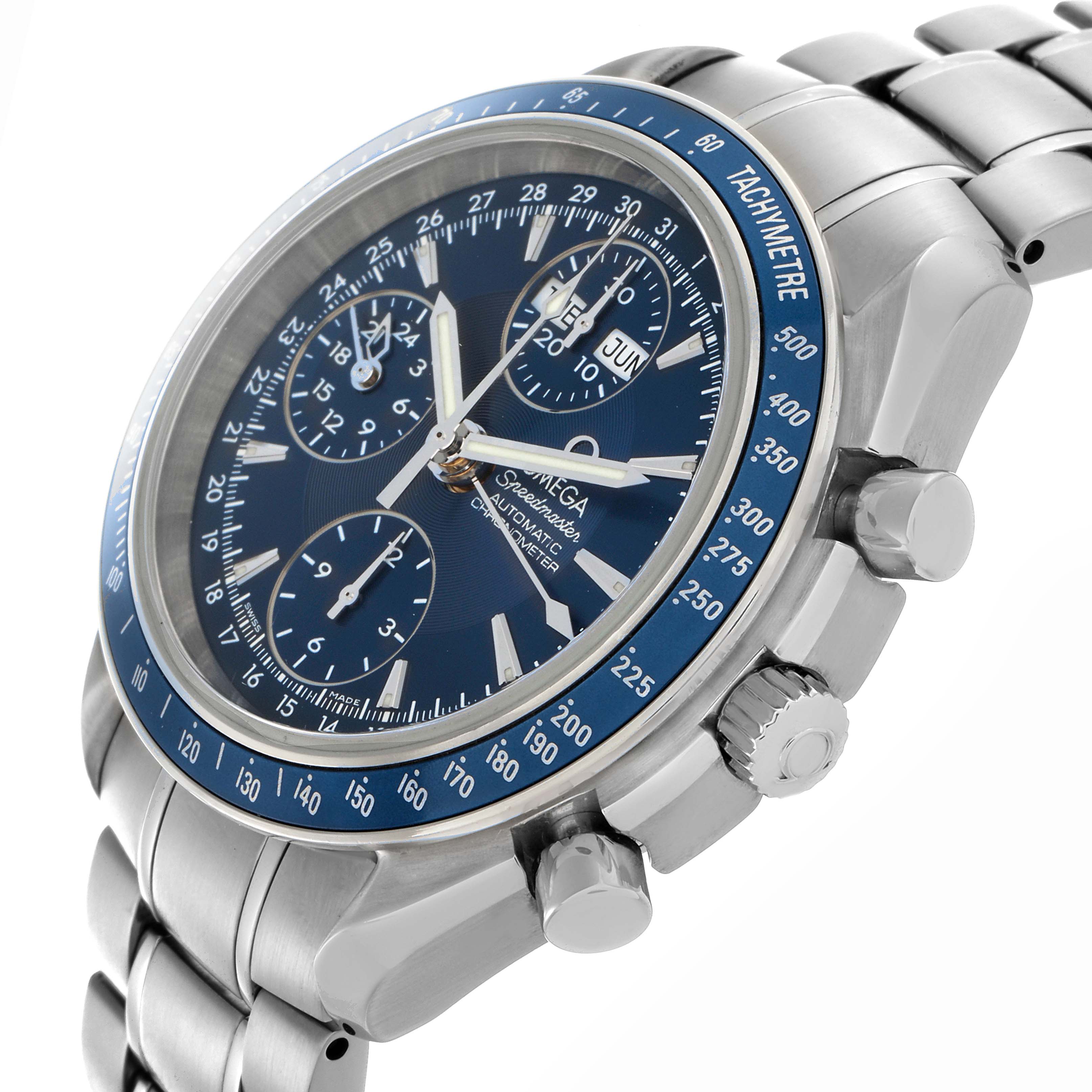 The Omega Speedmaster 3222.80.00 Men's Stainless Steel Blue Dial 3222.80.00 Men's Stainless Steel Blue Dial is shown at a side angle, highlighting the face, bezel, crown, and stainless steel bracelet.