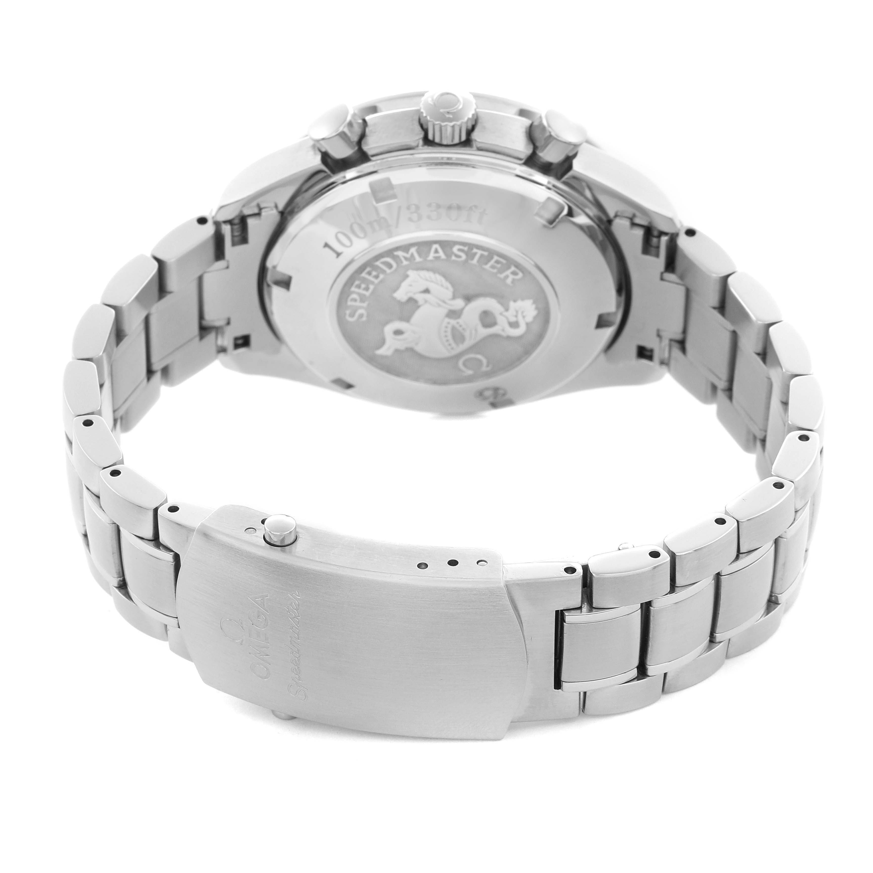 The Omega Speedmaster 3222.80.00 Men's Stainless Steel Blue Dial 3222.80.00 Men's Stainless Steel Blue Dial watch is shown from the back, highlighting the case back, bracelet, and clasp.