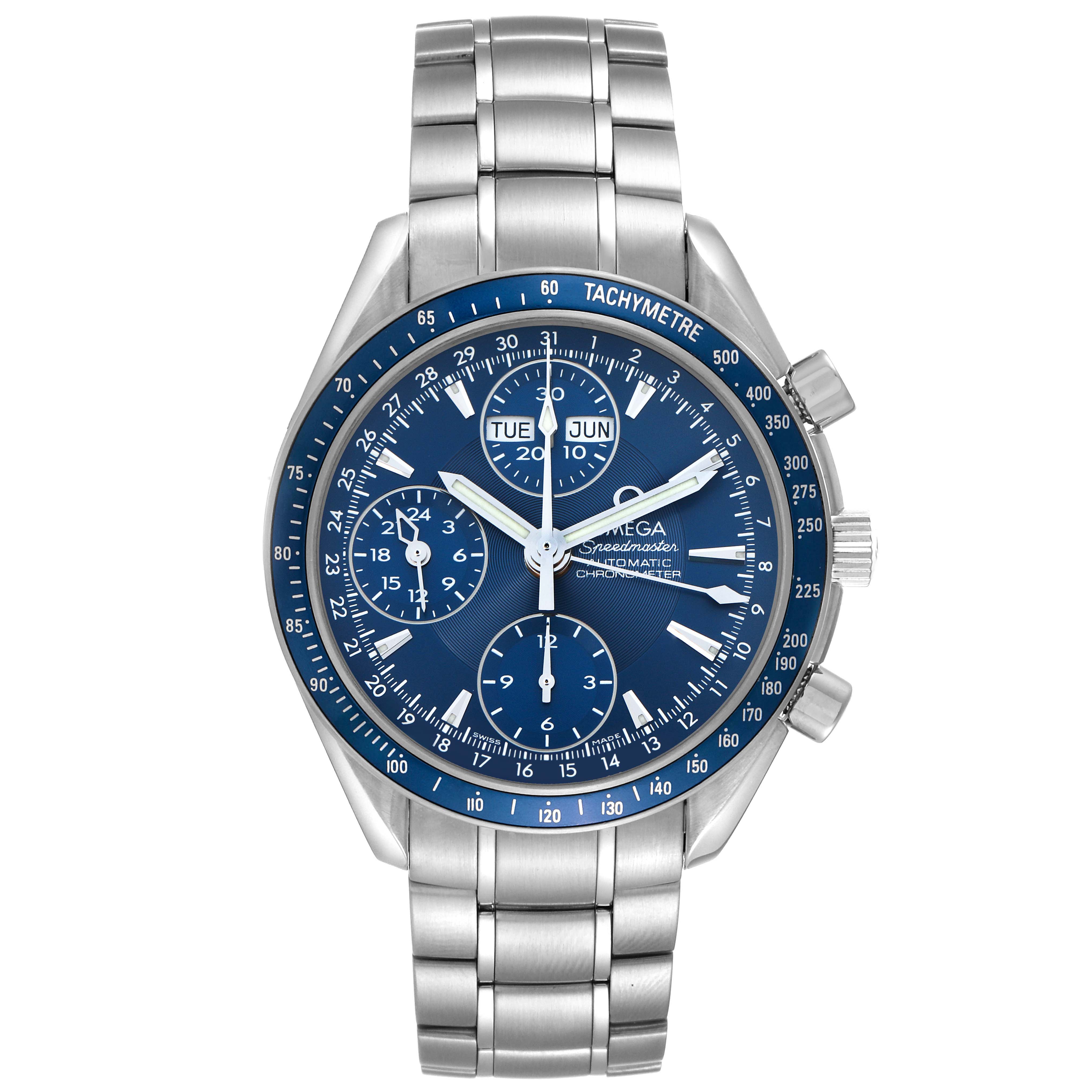 The Omega Speedmaster 3222.80.00 Men's Stainless Steel Blue Dial 3222.80.00 Men's Stainless Steel Blue Dial watch is shown from a top-down angle, displaying the face, bezel, dials, and bracelet.