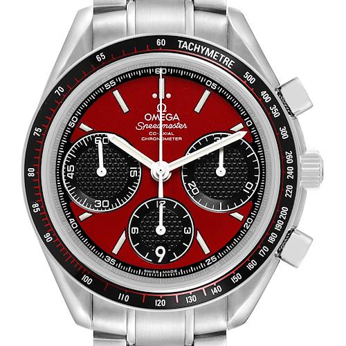 The Omega Speedmaster 326.30.40.50.11.001 Men's Stainless Steel Red Dial watch is shown from a front angle, highlighting its red dial, subdials, and tachymeter bezel.