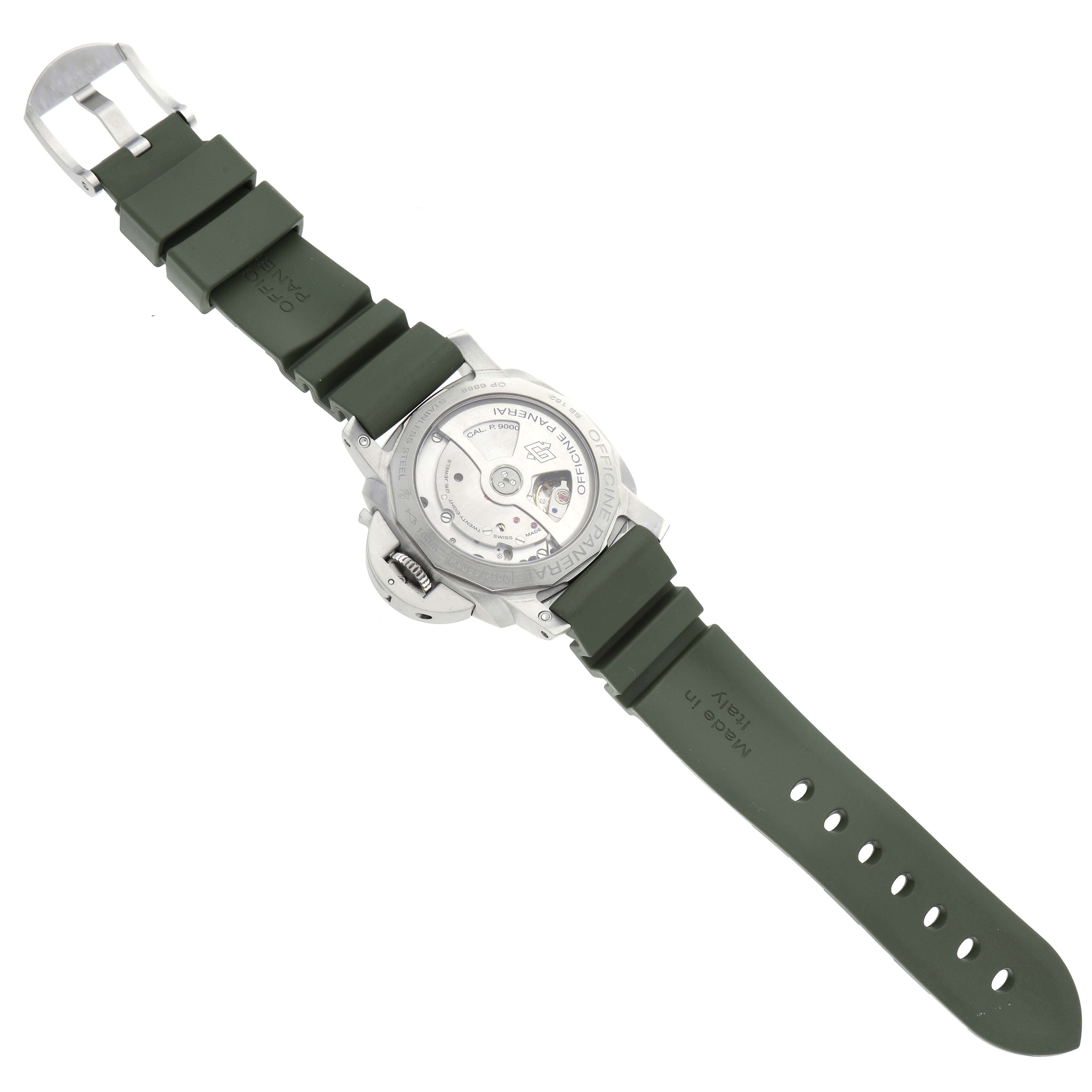 The image shows the back of a Panerai Luminor PAM00392 Men
s Stainless Steel Black Dial PAM00392 Men
s Stainless Steel Black Dial watch, displaying the open case back and rubber strap.