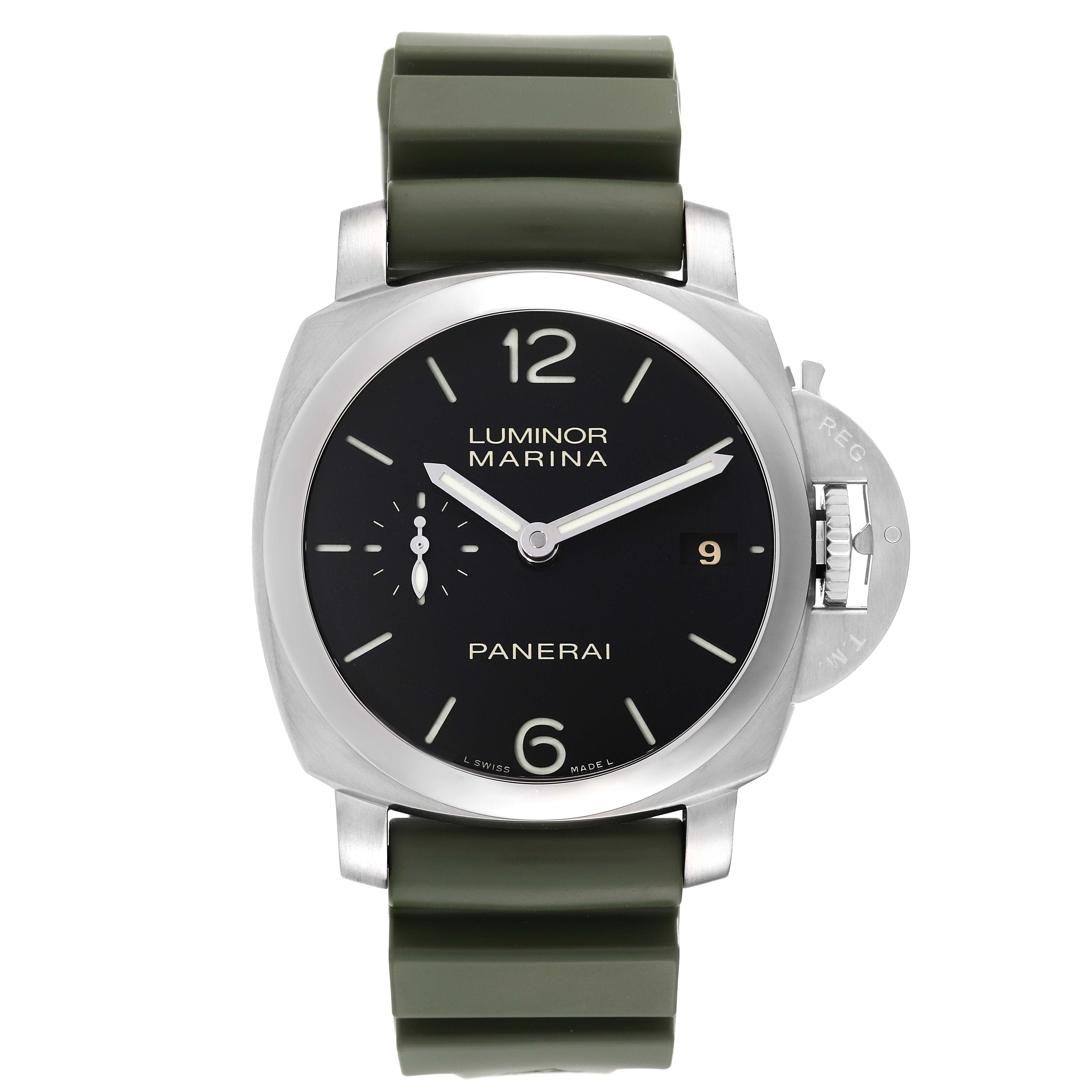 The image shows a frontal view of a Panerai Luminor PAM00392 Men
s Stainless Steel Black Dial PAM00392 Men
s Stainless Steel Black Dial Marina watch with a dark green strap.