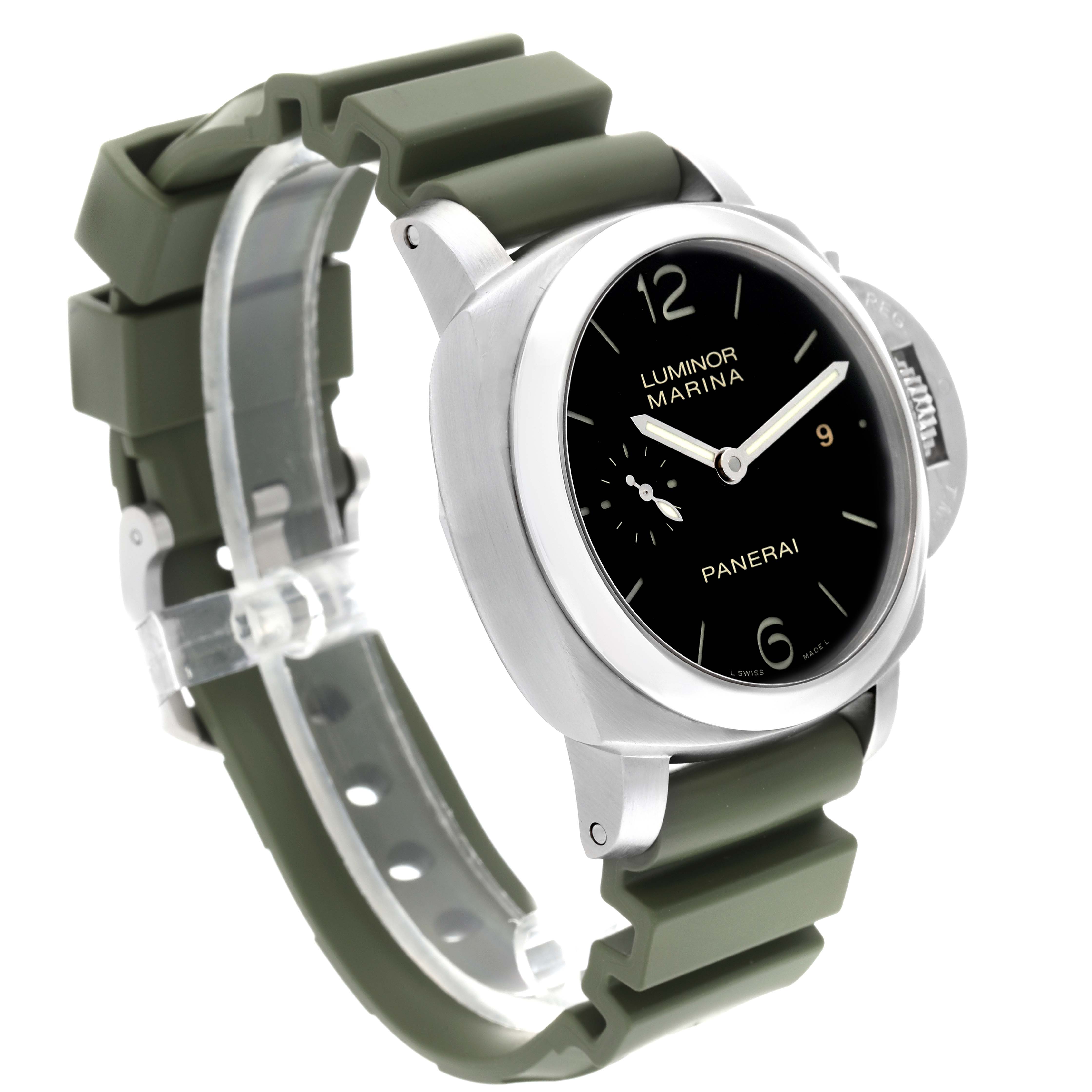 The image shows a Panerai Luminor PAM00392 Men
s Stainless Steel Black Dial PAM00392 Men
s Stainless Steel Black Dial watch from an angled side view, highlighting its black dial and green strap.