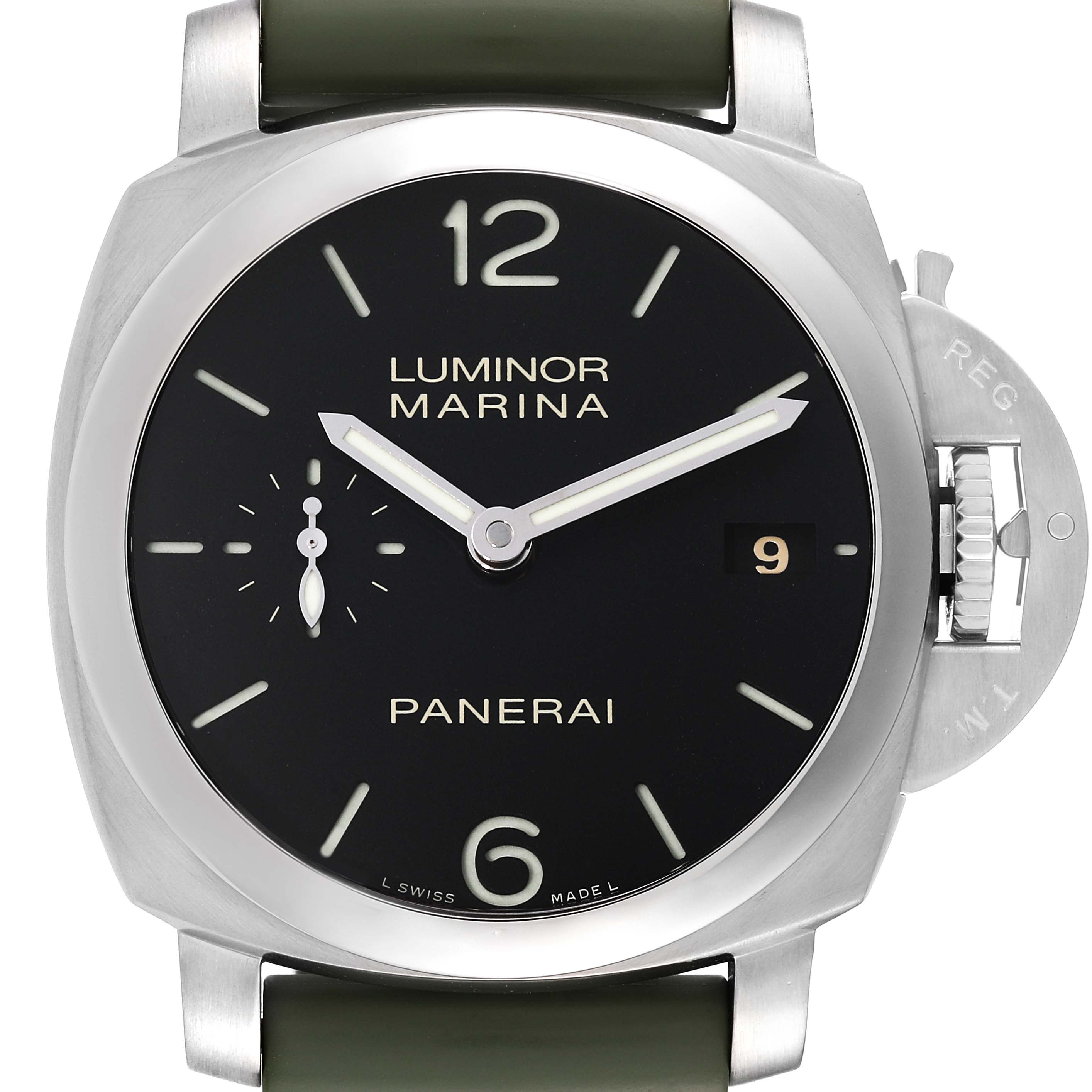 The image shows a frontal view of the Panerai Luminor PAM00392 Men
s Stainless Steel Black Dial PAM00392 Men
s Stainless Steel Black Dial Marina watch, displaying its dial, crown guard, and strap attachment.