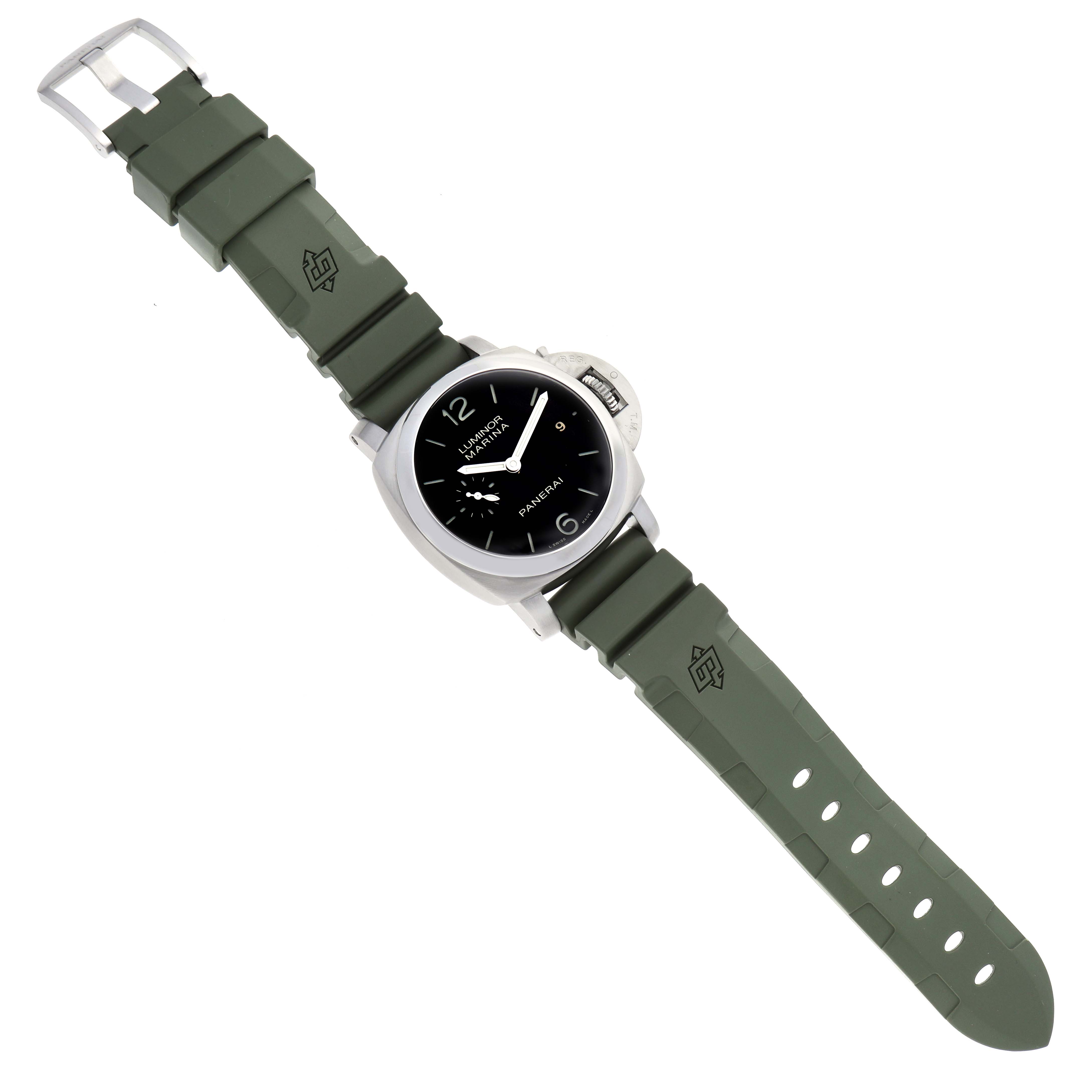 The image shows a top-down view of a Panerai Luminor PAM00392 Men
s Stainless Steel Black Dial PAM00392 Men
s Stainless Steel Black Dial watch with a green rubber strap.