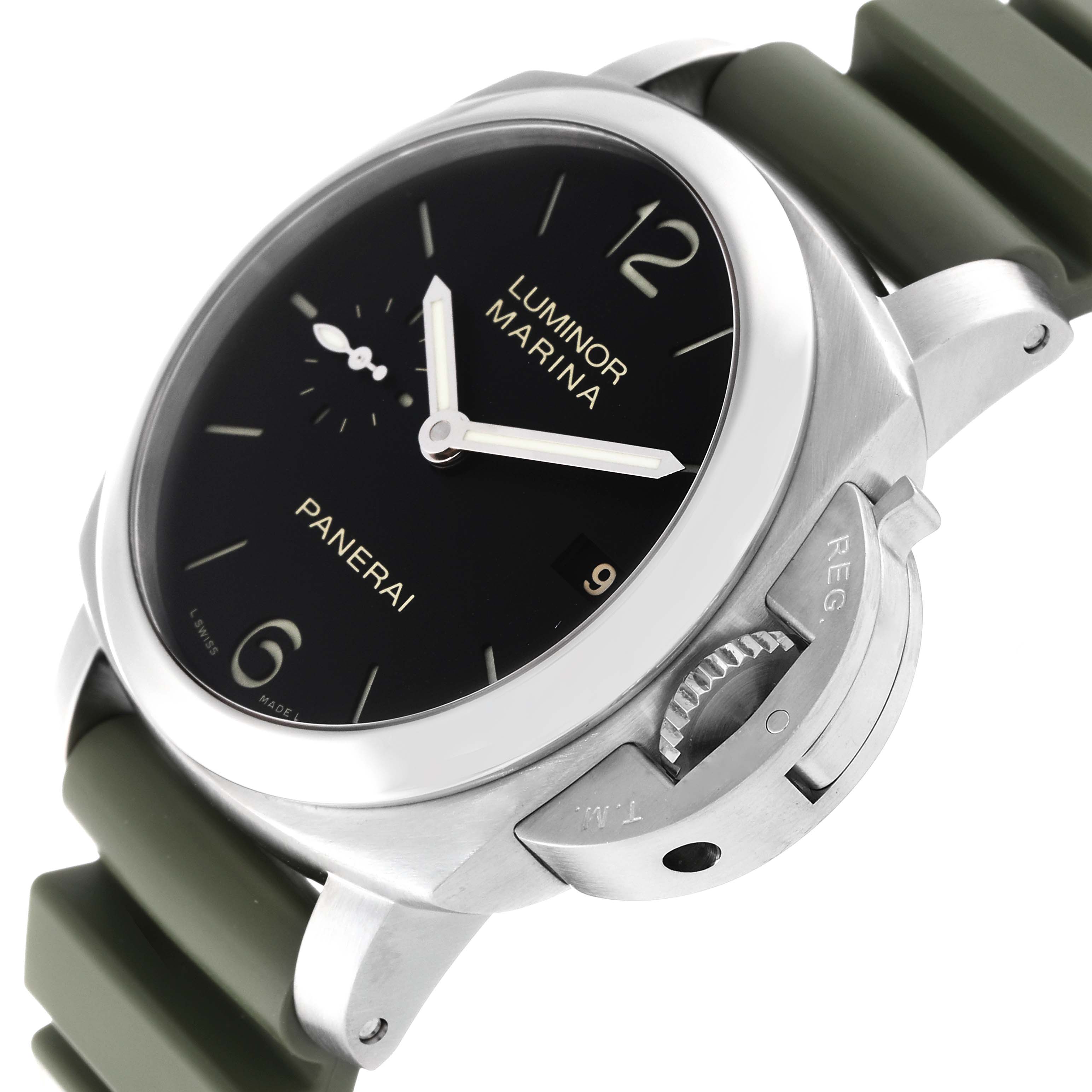 This image shows a Panerai Luminor PAM00392 Men
s Stainless Steel Black Dial PAM00392 Men
s Stainless Steel Black Dial watch from an oblique angle, highlighting the dial, case, and crown guard.