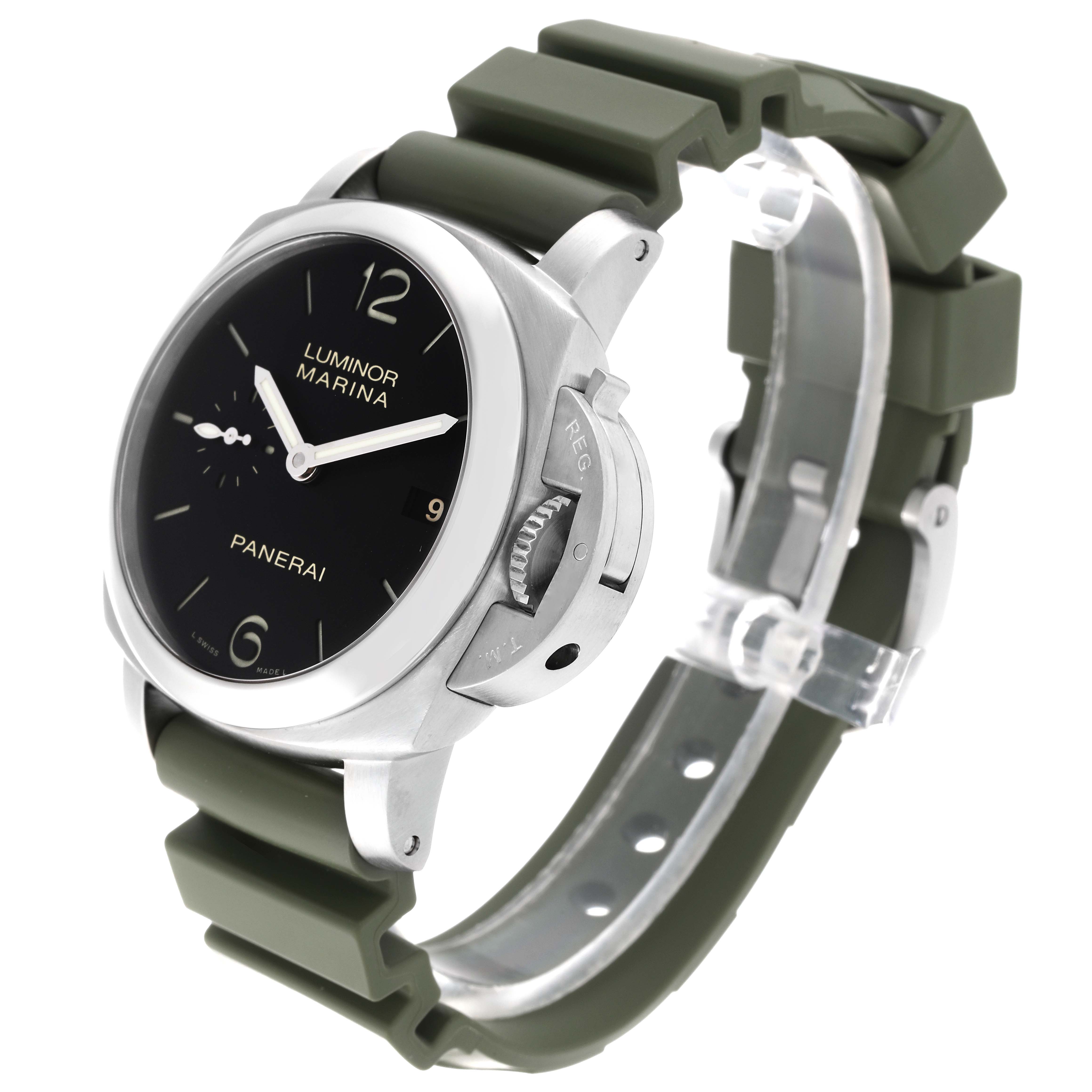 The image shows a Panerai Luminor PAM00392 Men
s Stainless Steel Black Dial PAM00392 Men
s Stainless Steel Black Dial watch at a slight angle, highlighting the face, crown guard, and rubber strap.