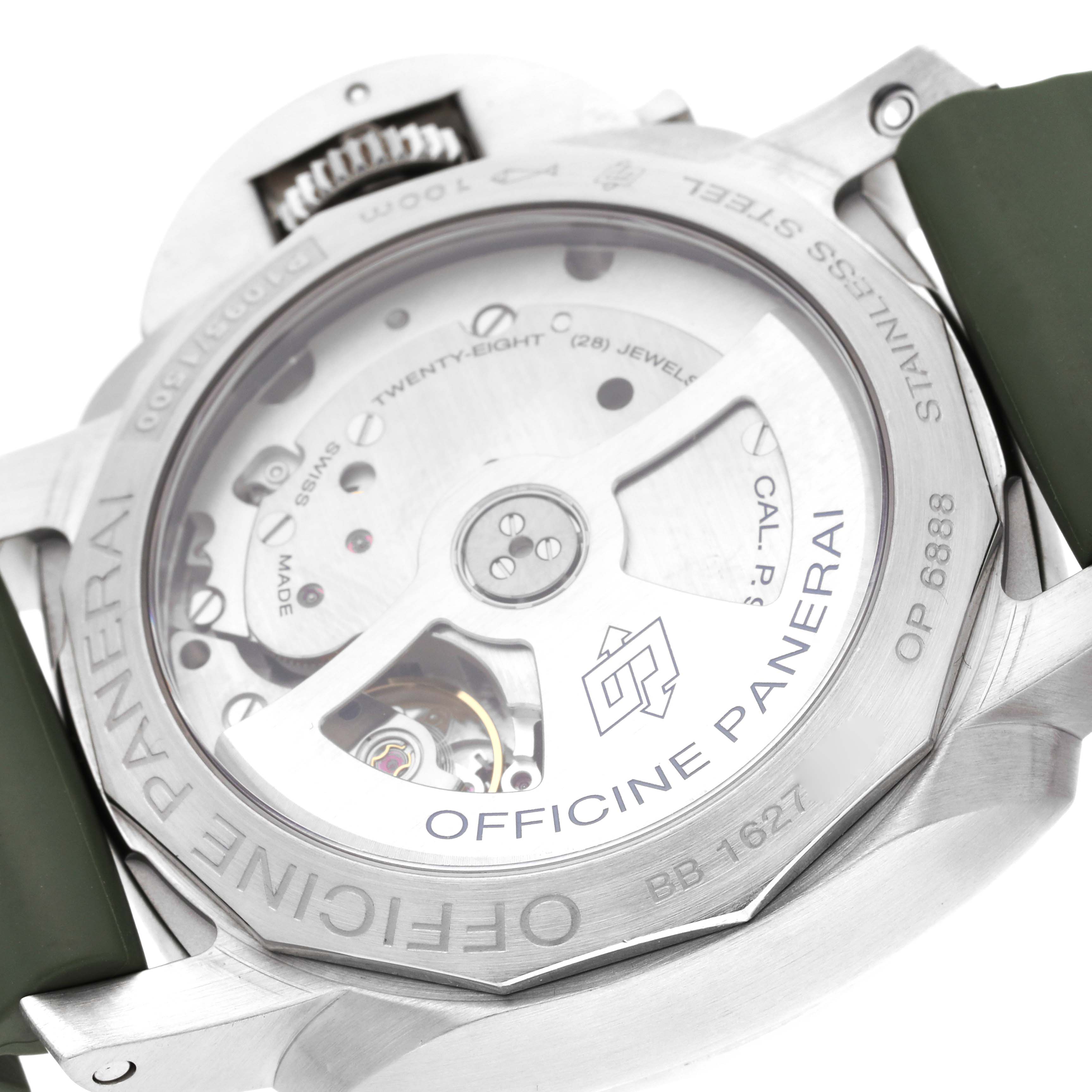 The image shows the back view of a Panerai Luminor PAM00392 Men
s Stainless Steel Black Dial PAM00392 Men
s Stainless Steel Black Dial watch, highlighting the intricate internal movement and stainless steel case back.