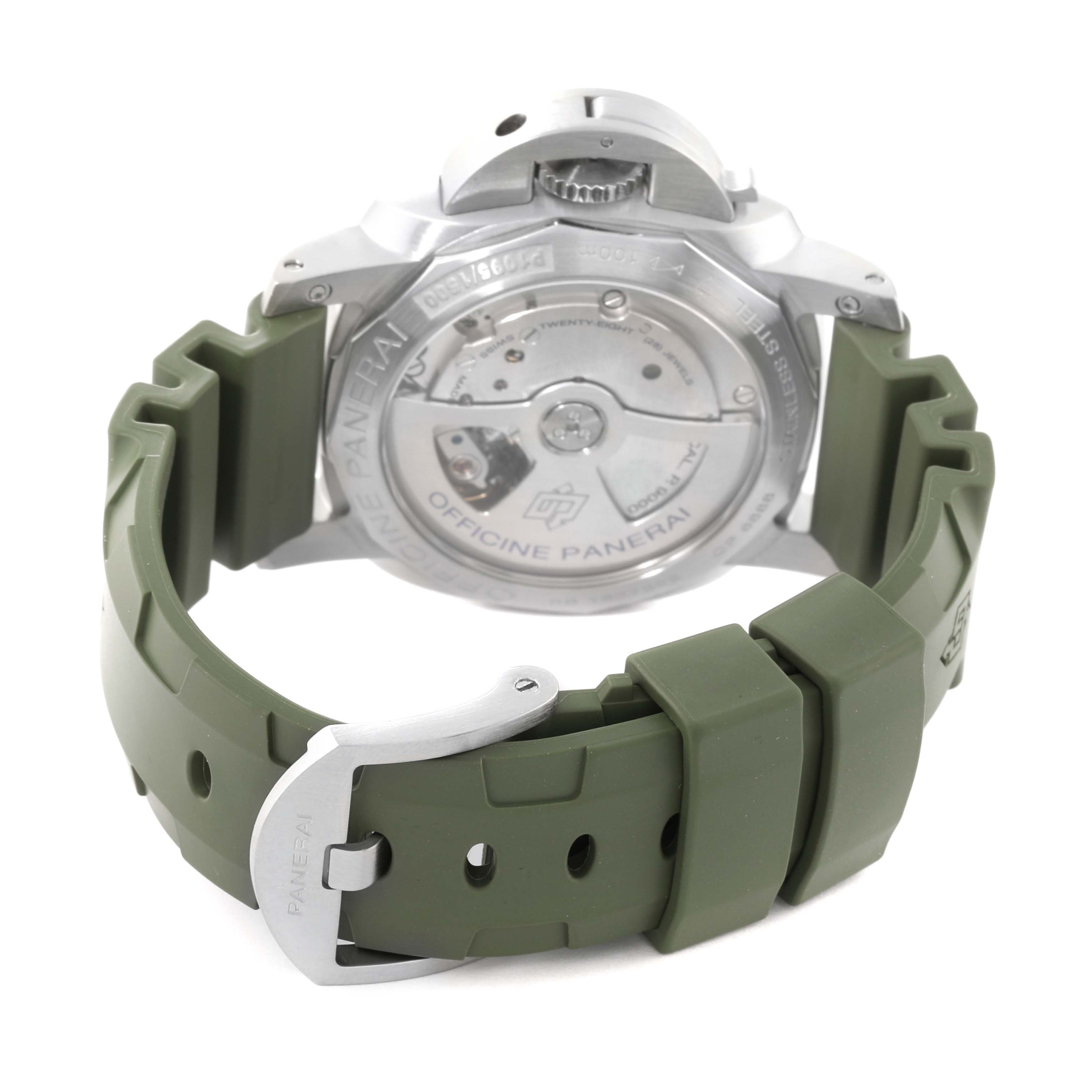 This image shows the back view of a Panerai Luminor PAM00392 Men
s Stainless Steel Black Dial PAM00392 Men
s Stainless Steel Black Dial watch, focusing on the case back and the olive green strap with the buckle.