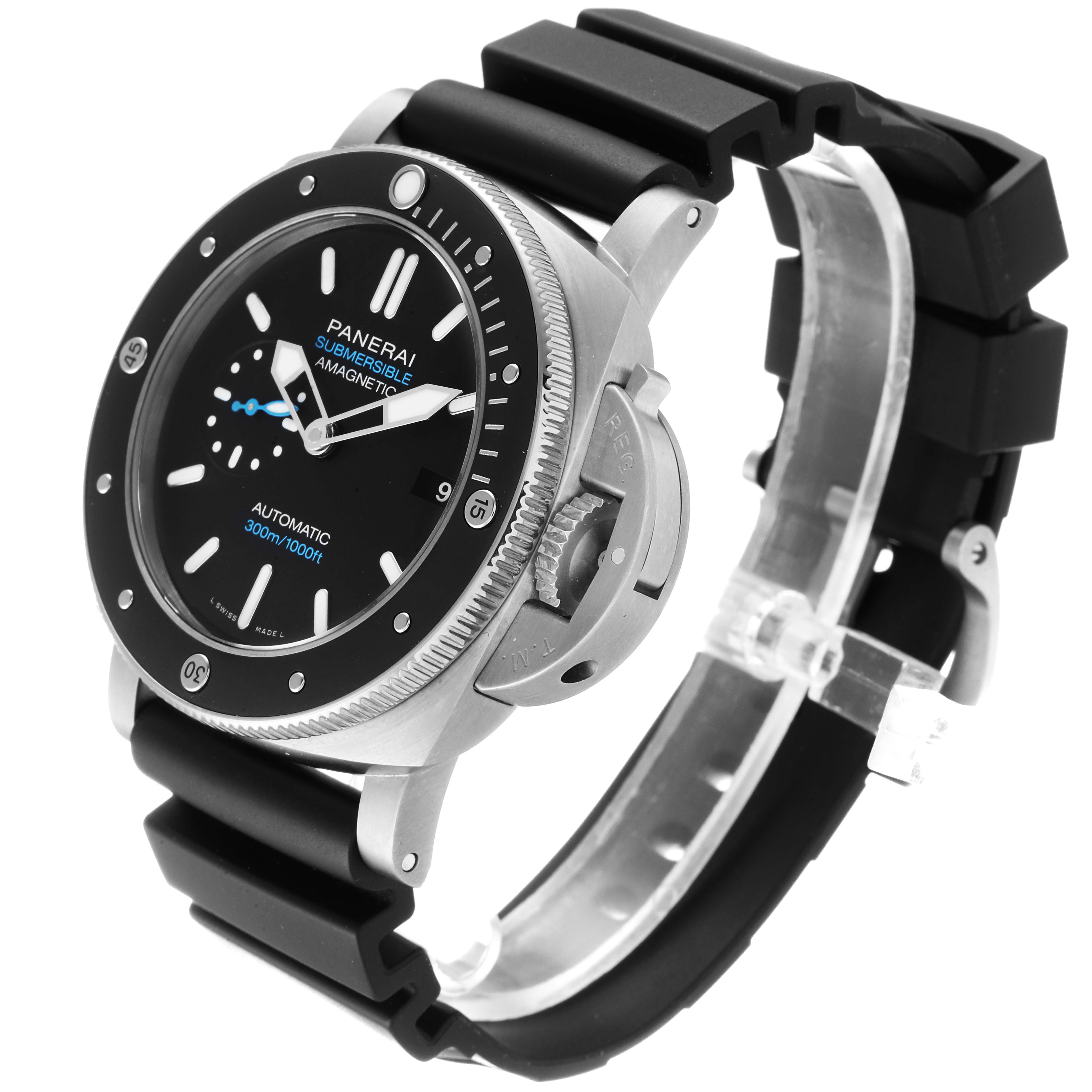 The Panerai Submersible PAM01389 Men's Titanium Black Dial PAM01389 Men's Titanium Black Dial watch is shown at an oblique angle, highlighting the dial, bezel, crown guard, and black strap.