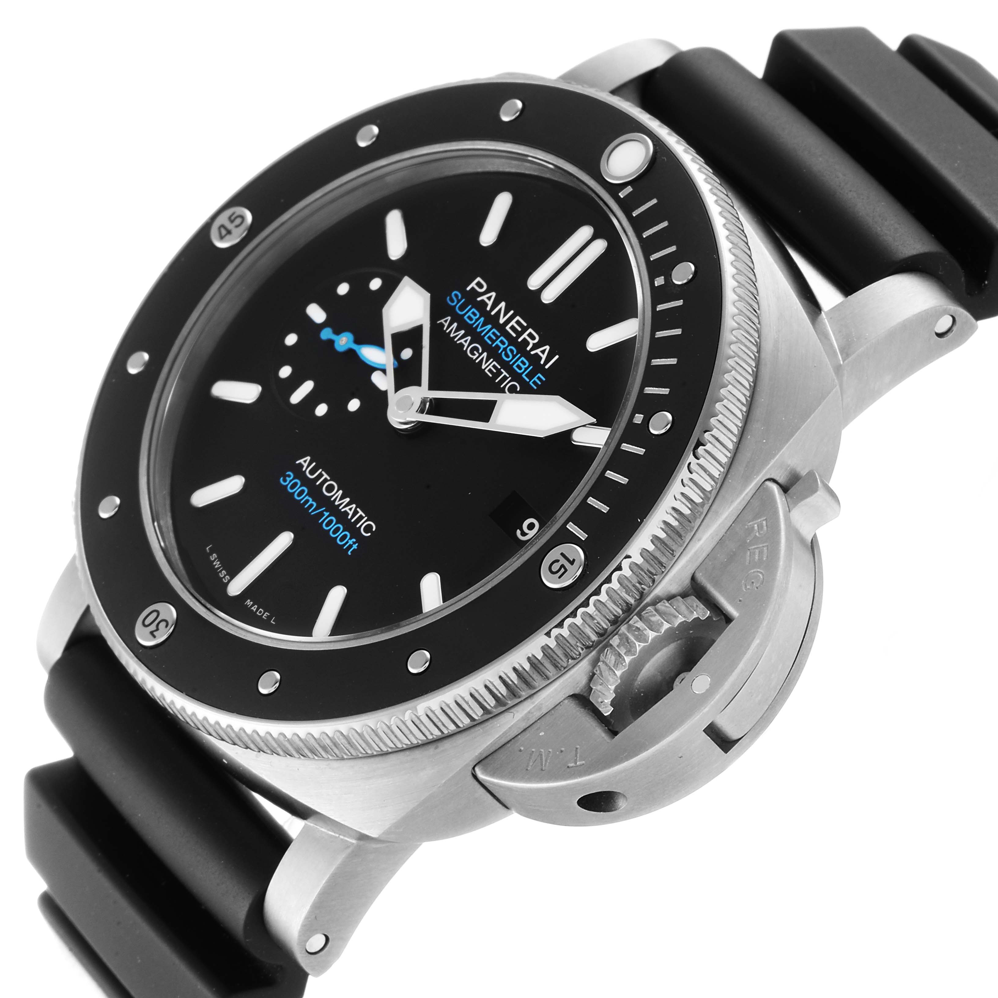 The image shows a Panerai Submersible PAM01389 Men's Titanium Black Dial PAM01389 Men's Titanium Black Dial watch at a three-quarter angle, highlighting the crown guard, bezel, and strap.