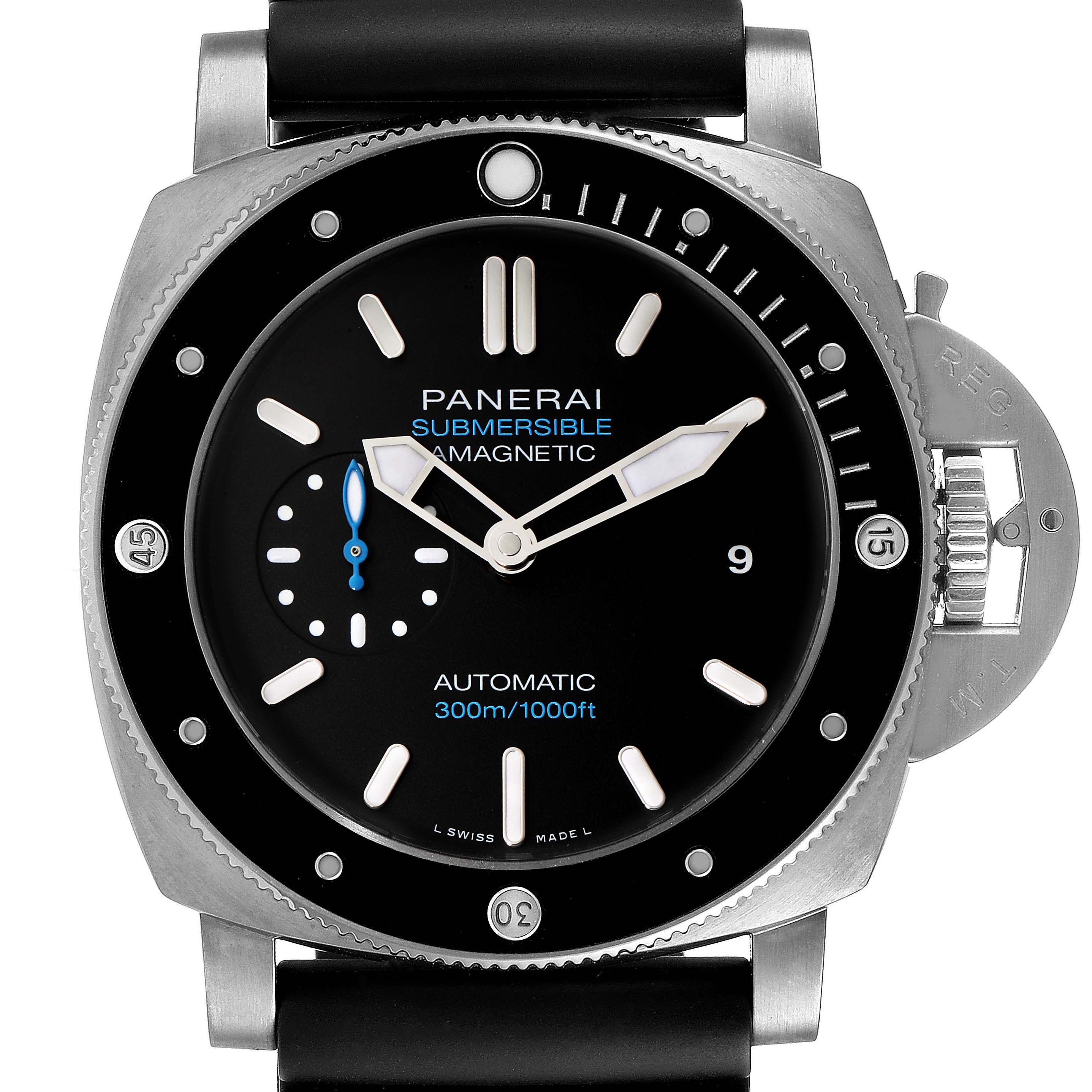 The Panerai Submersible PAM01389 Men's Titanium Black Dial PAM01389 Men's Titanium Black Dial watch is shown from a front angle, displaying its dial, bezel, and part of the strap.
