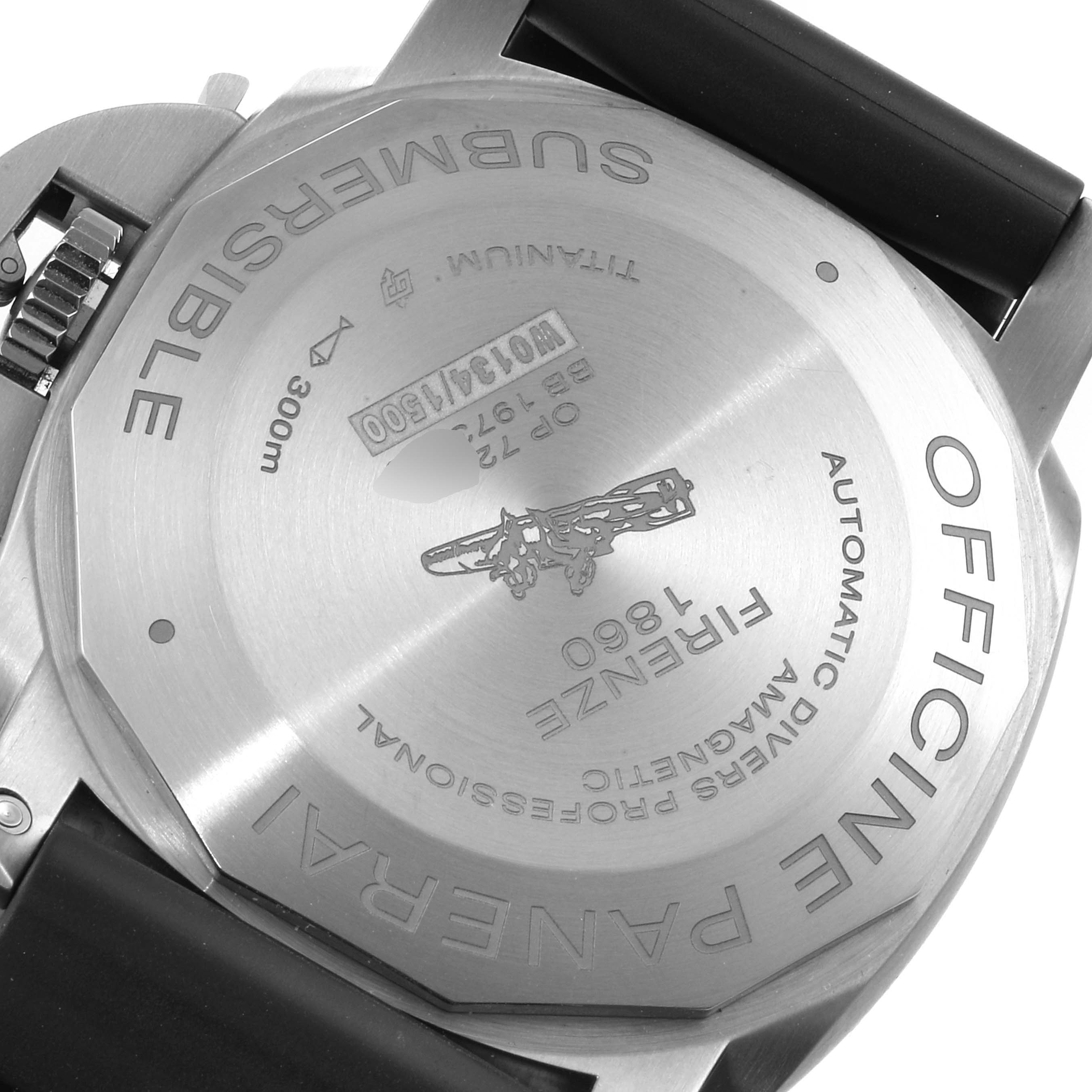 The image shows the case back of the Panerai Submersible PAM01389 Men's Titanium Black Dial PAM01389 Men's Titanium Black Dial watch, highlighting its titanium material and water resistance information.