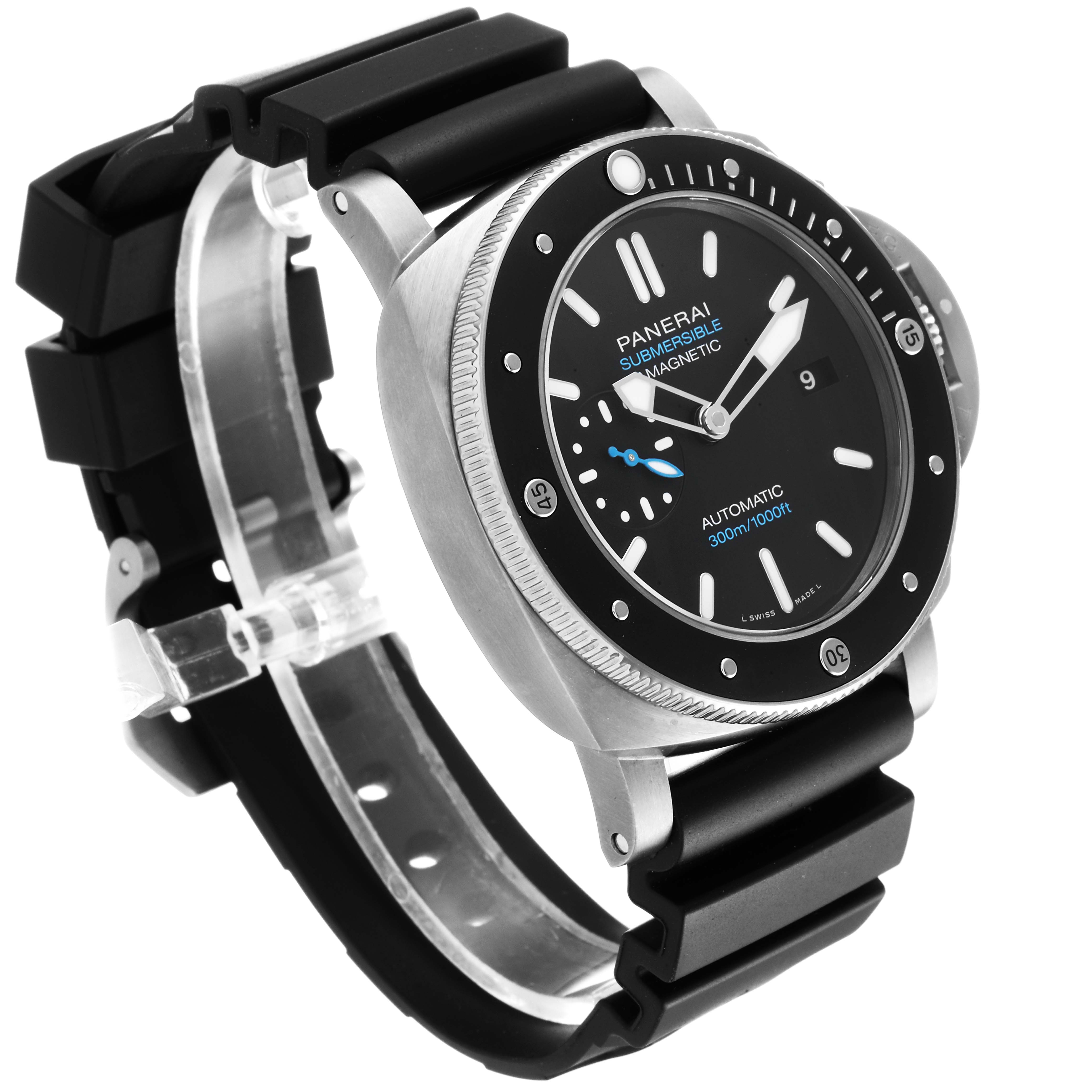 The image shows the Panerai Submersible PAM01389 Men's Titanium Black Dial PAM01389 Men's Titanium Black Dial watch at a three-quarter angle, displaying the dial, bezel, and rubber strap.