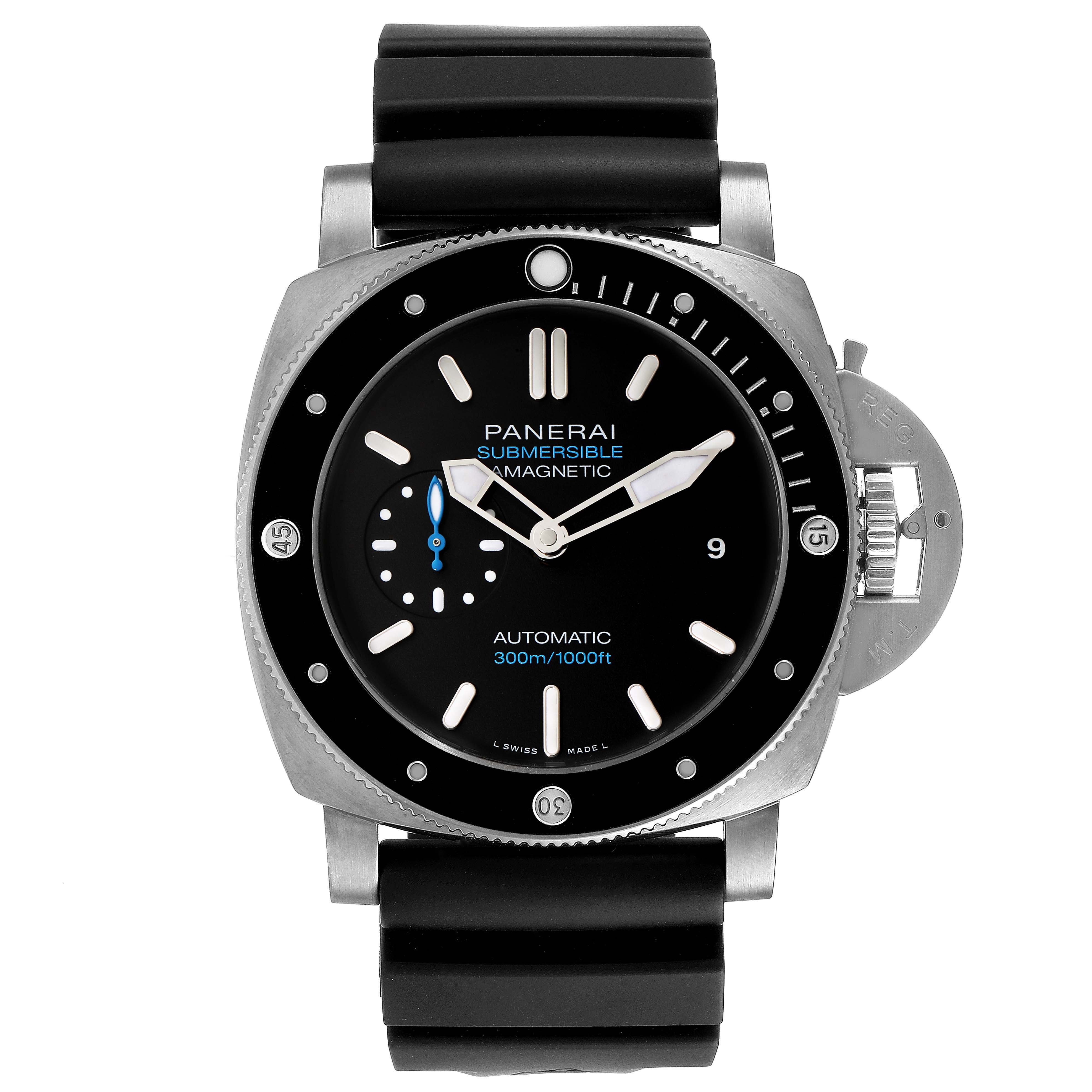 The image shows the Panerai Submersible PAM01389 Men's Titanium Black Dial PAM01389 Men's Titanium Black Dial watch from a top-down angle, highlighting its dial, bezel, and strap.