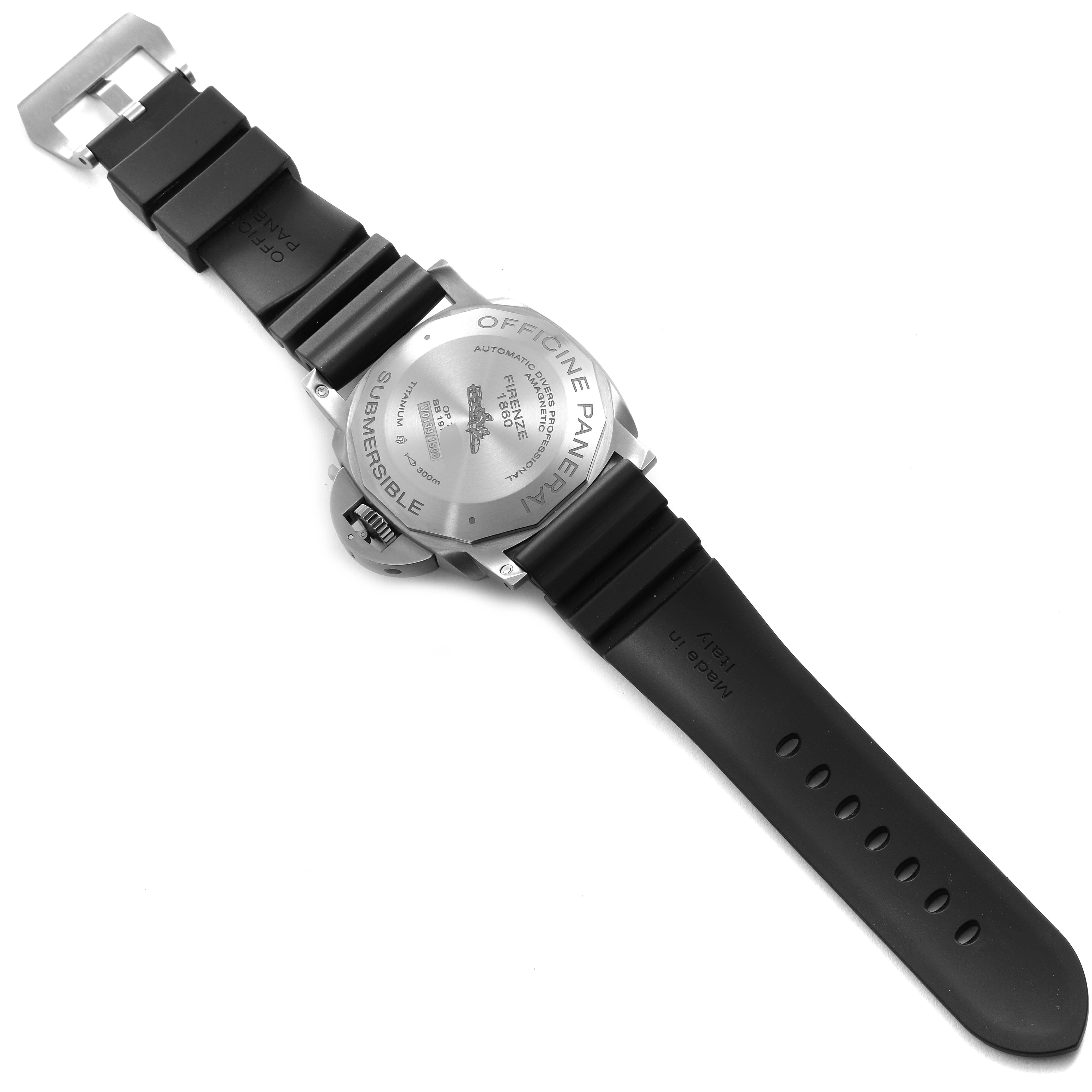 The image shows the back view of a Panerai Submersible PAM01389 Men's Titanium Black Dial PAM01389 Men's Titanium Black Dial watch including the case back, crown guard, and rubber strap.