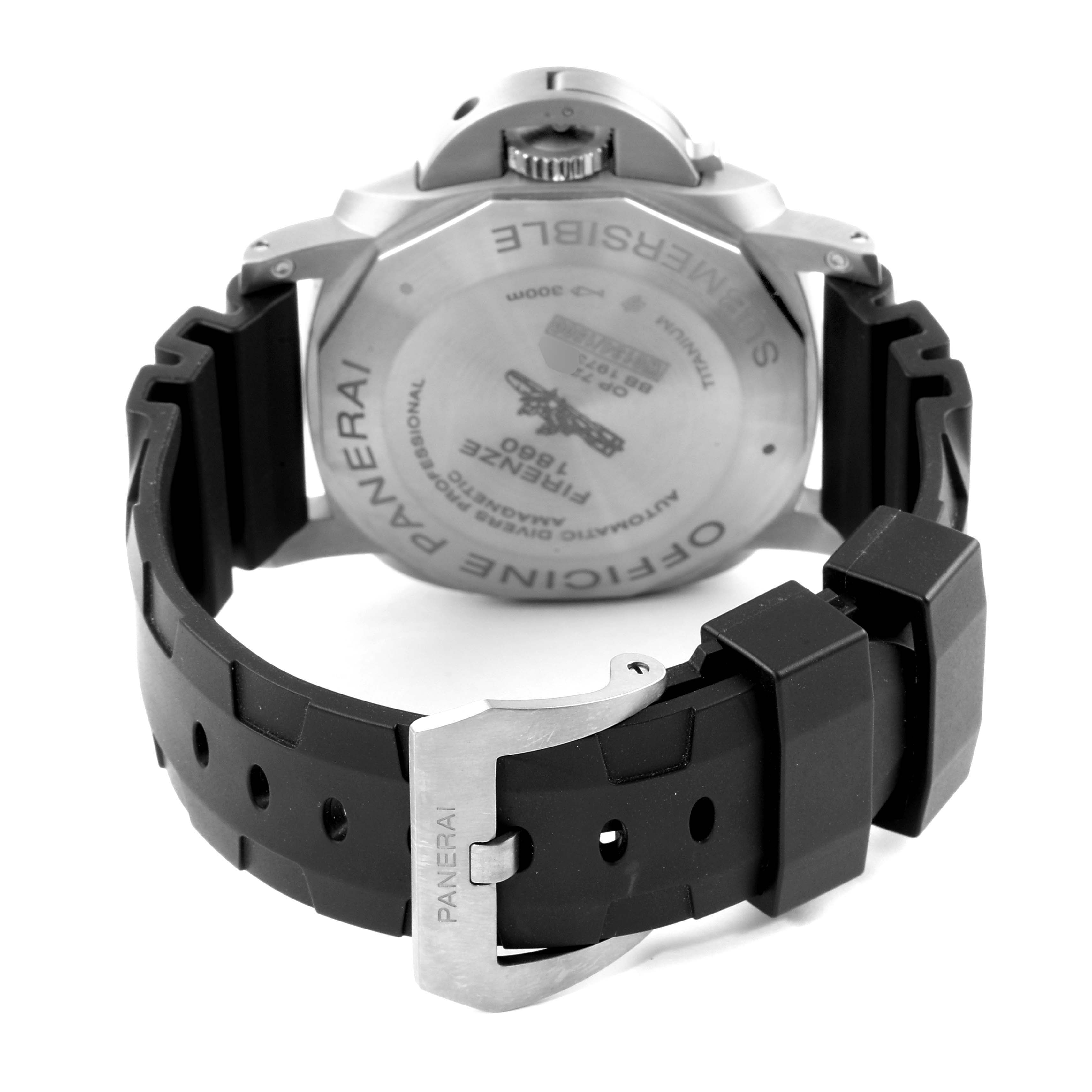 The image shows the back view of a Panerai Submersible PAM01389 Men's Titanium Black Dial PAM01389 Men's Titanium Black Dial watch, highlighting the case back, crown guard, and black rubber strap with buckle.