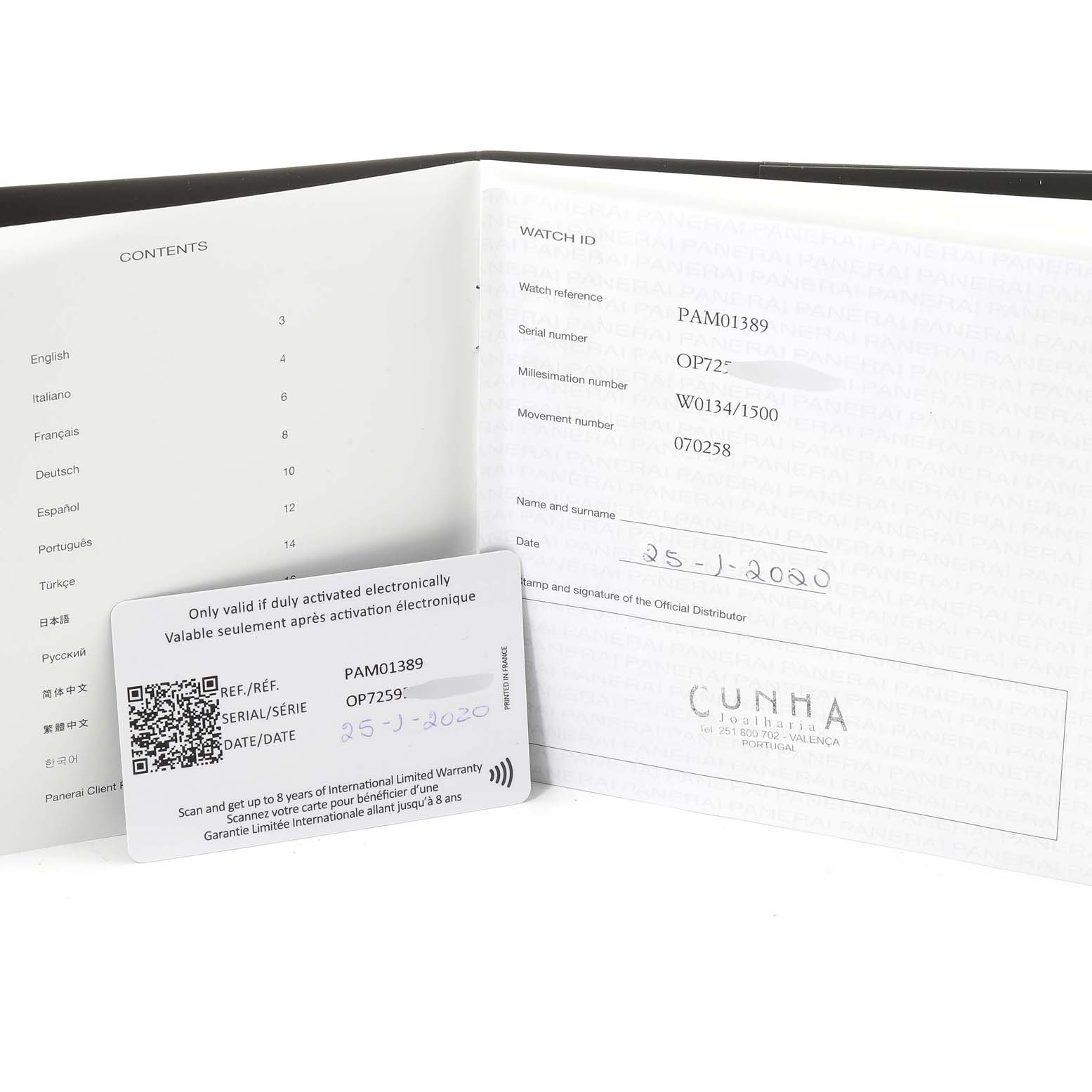 The image shows warranty and documentation cards for the Panerai Submersible PAM01389 Men's Titanium Black Dial PAM01389 Men's Titanium Black Dial model PAM01389.