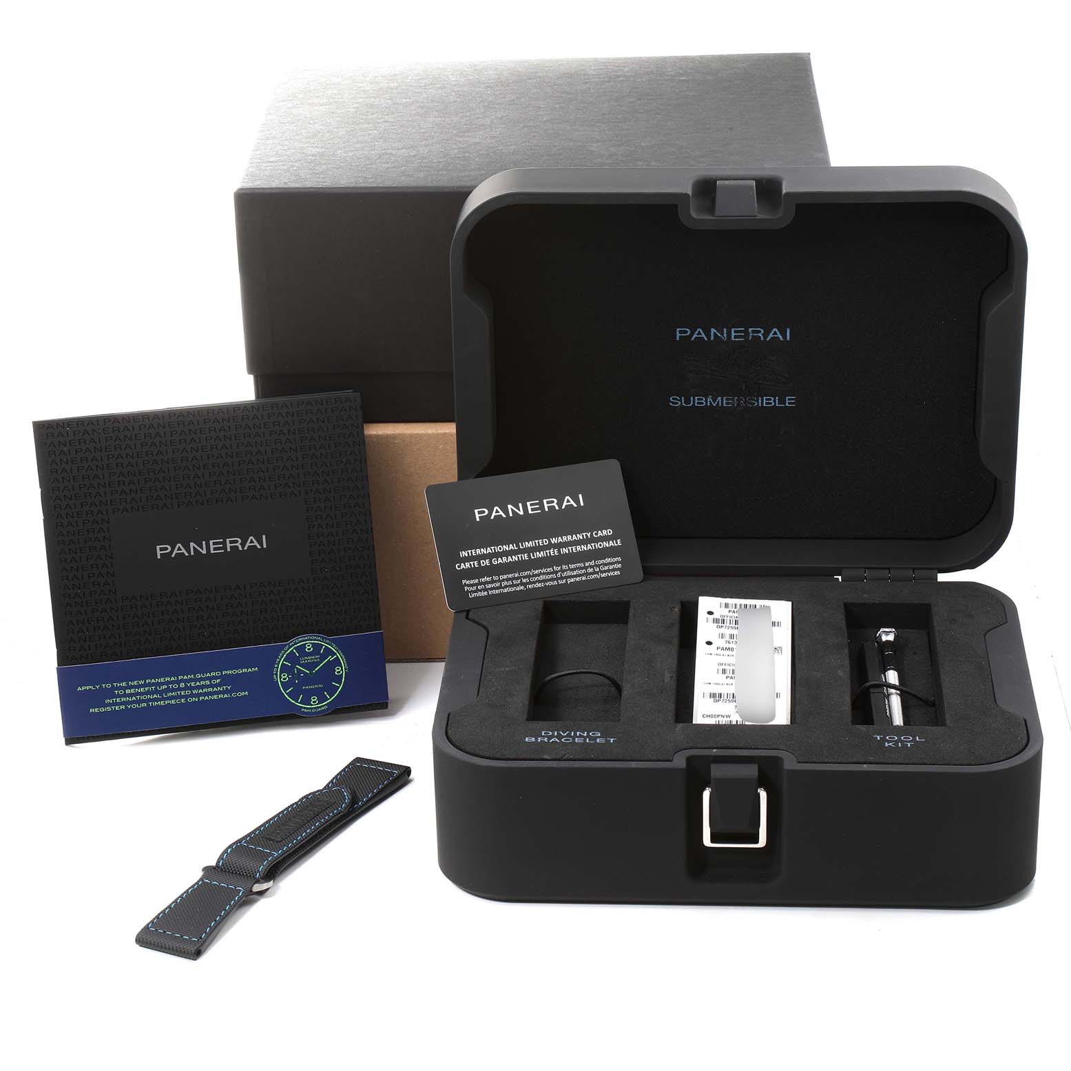 The image shows a Panerai Submersible PAM01389 Men's Titanium Black Dial PAM01389 Men's Titanium Black Dial watch package including the case, international warranty card, extra strap, and a tool kit.
