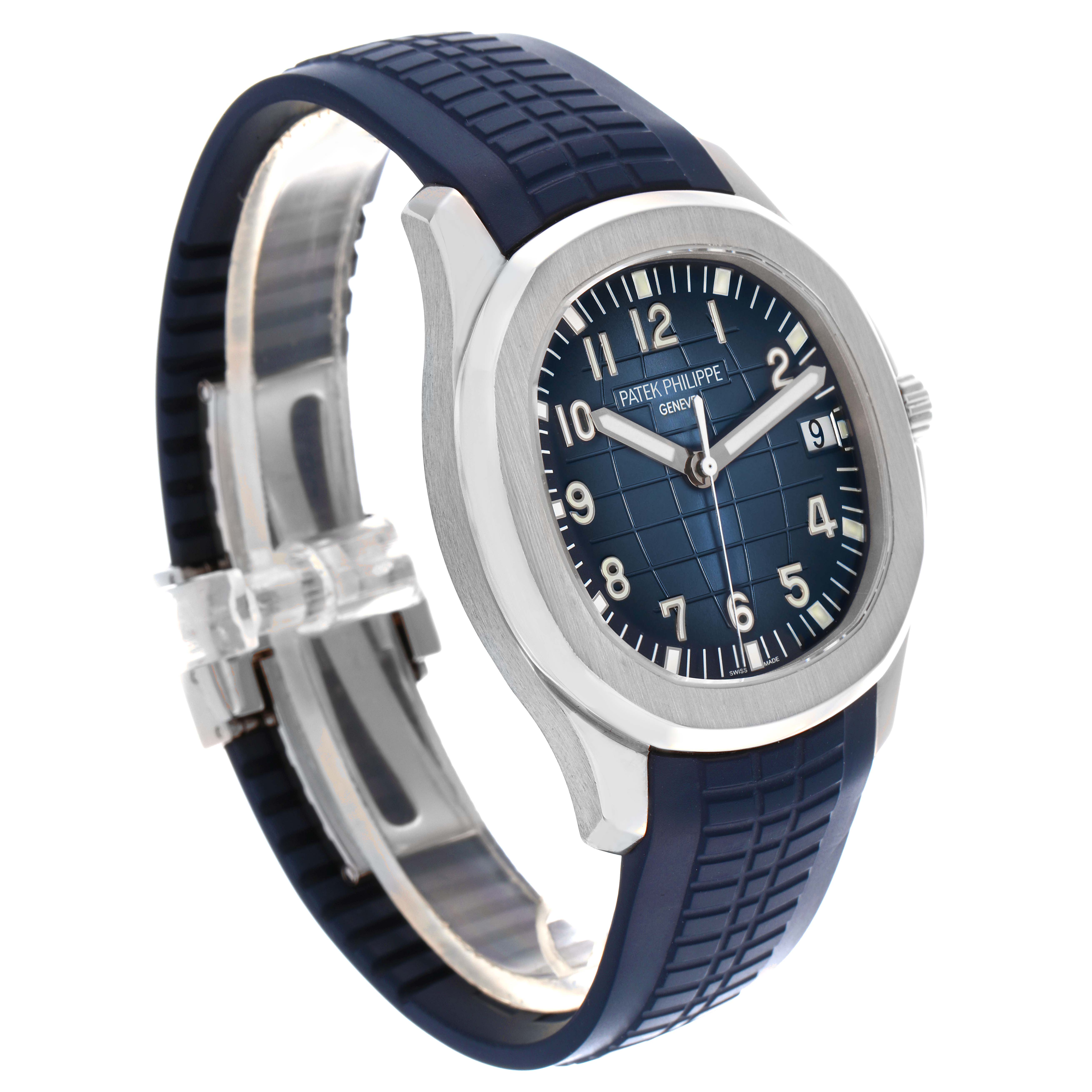 The image shows a side angle of the Patek Philippe Aquanaut 5168G-001 Men's White Gold Blue Dial 5168G-001 Men's White Gold Blue Dial watch, highlighting the blue dial, stainless steel case, and rubber strap.