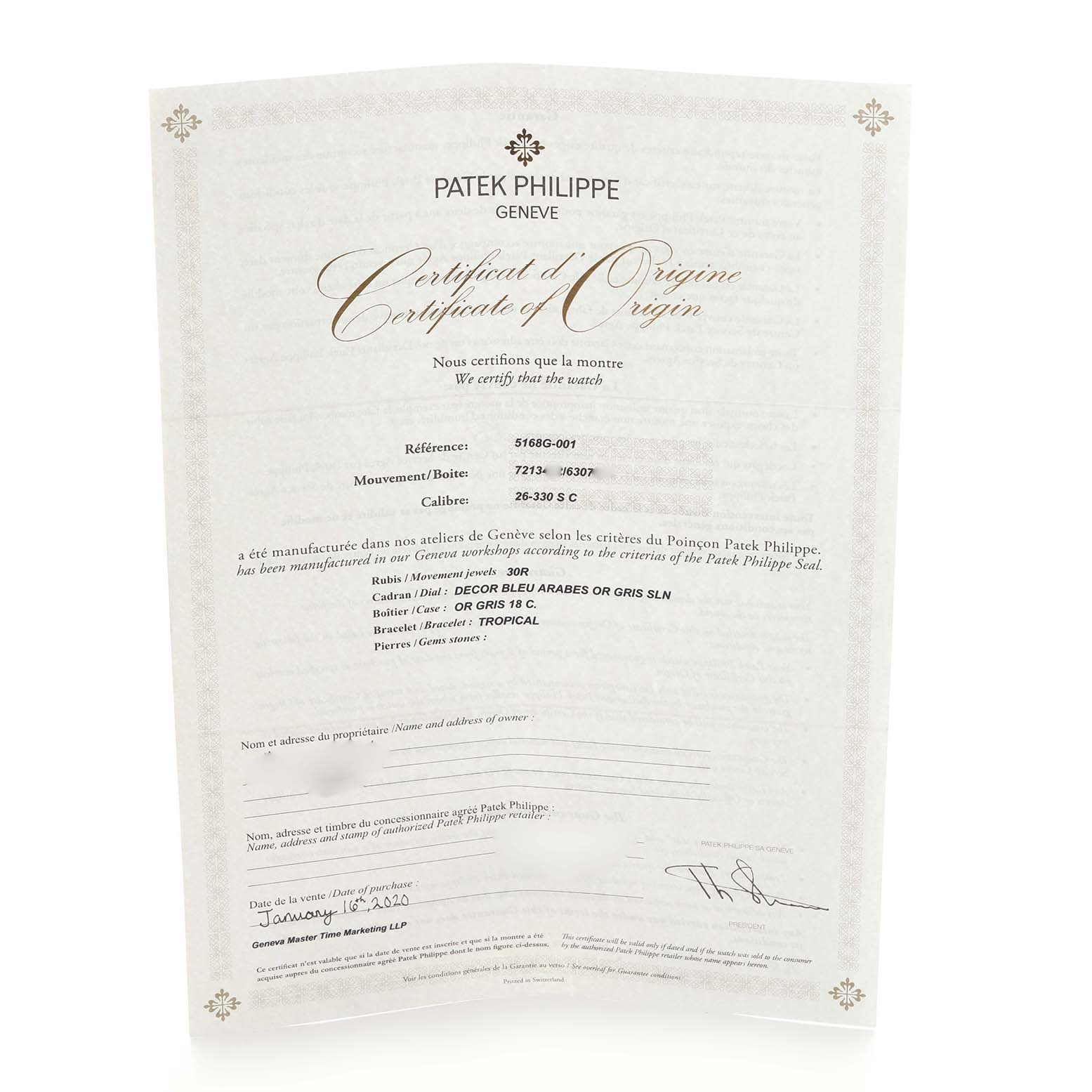 The image shows the "Certificate of Origin" for a Patek Philippe Aquanaut 5168G-001 Men's White Gold Blue Dial 5168G-001 Men's White Gold Blue Dial watch.