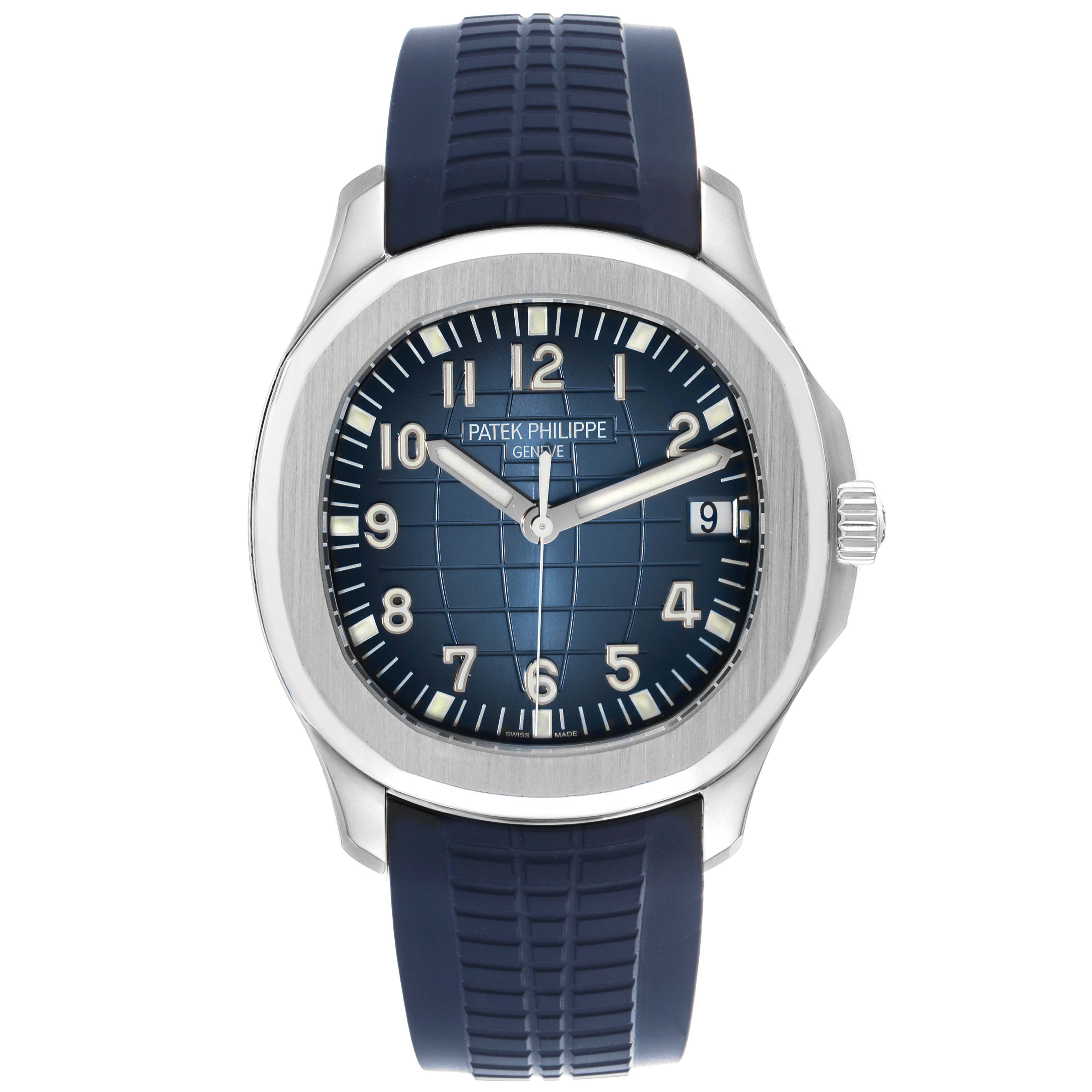 The Patek Philippe Aquanaut 5168G-001 Men's White Gold Blue Dial 5168G-001 Men's White Gold Blue Dial watch is shown from a front angle, displaying the face, bezel, and strap.