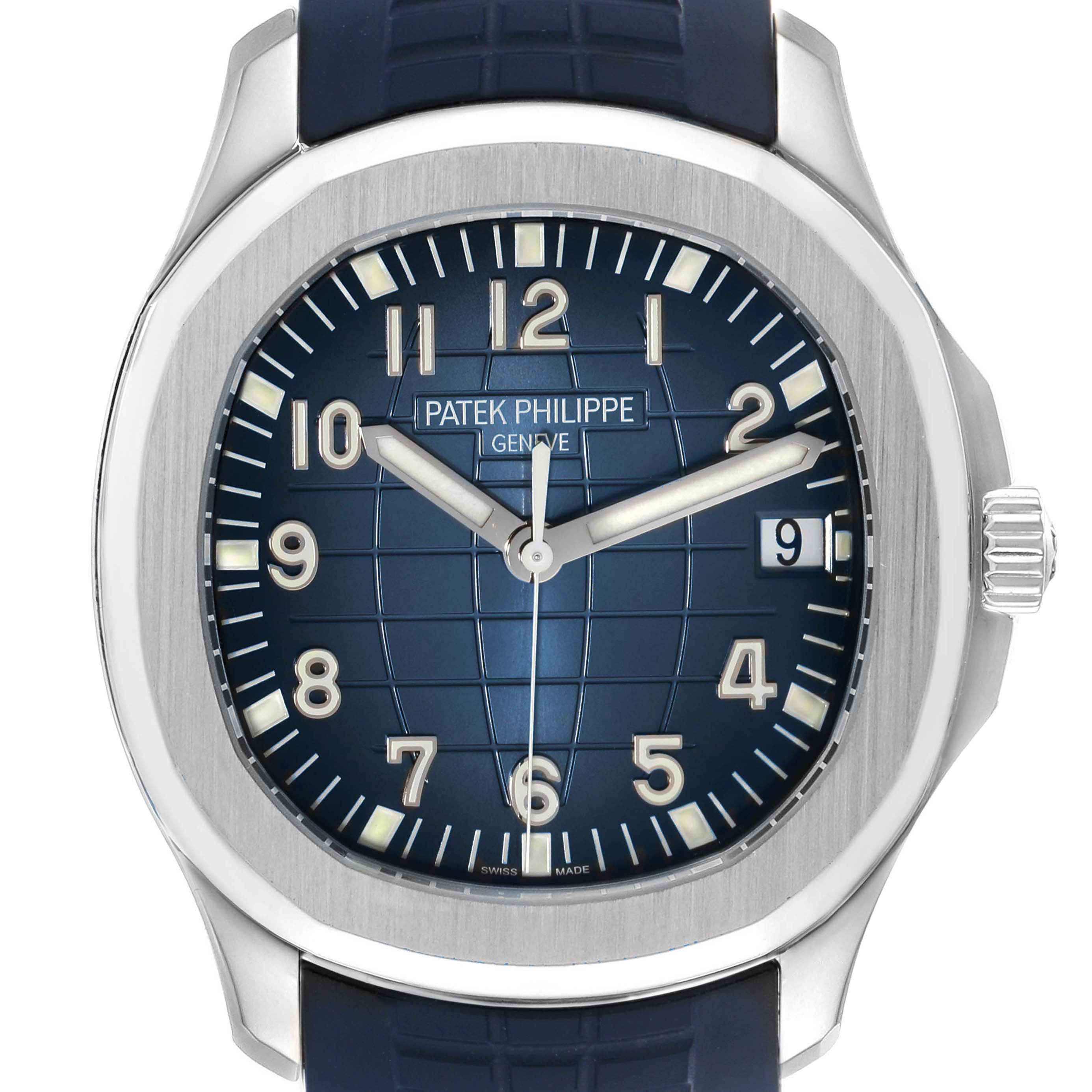 The Patek Philippe Aquanaut 5168G-001 Men's White Gold Blue Dial 5168G-001 Men's White Gold Blue Dial watch is shown from a front angle, displaying the dial, case, and part of the strap.