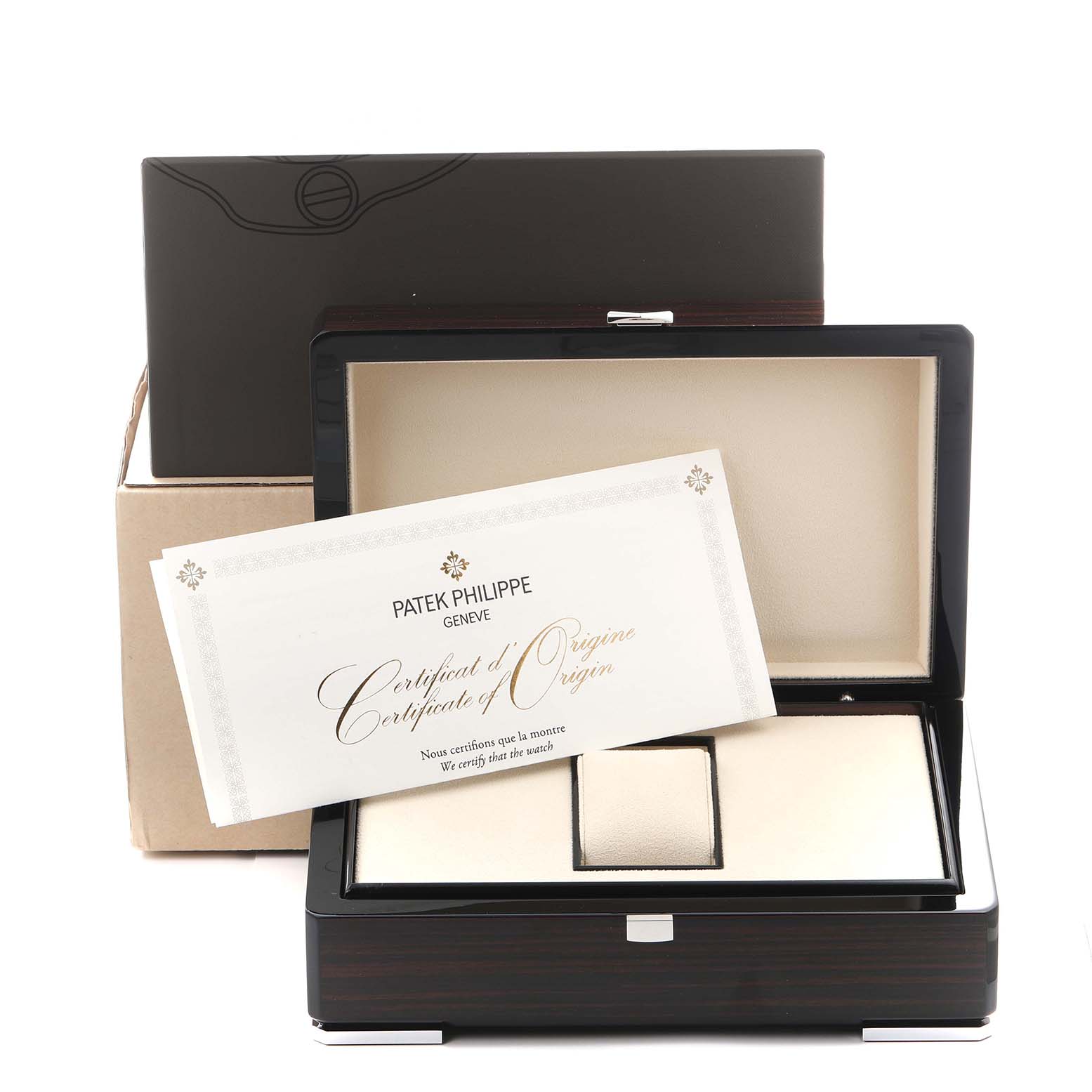 The image shows the Patek Philippe Aquanaut 5168G-001 Men's White Gold Blue Dial 5168G-001 Men's White Gold Blue Dial packaging, including a luxury box and a Certificate of Origin, viewed from the front.